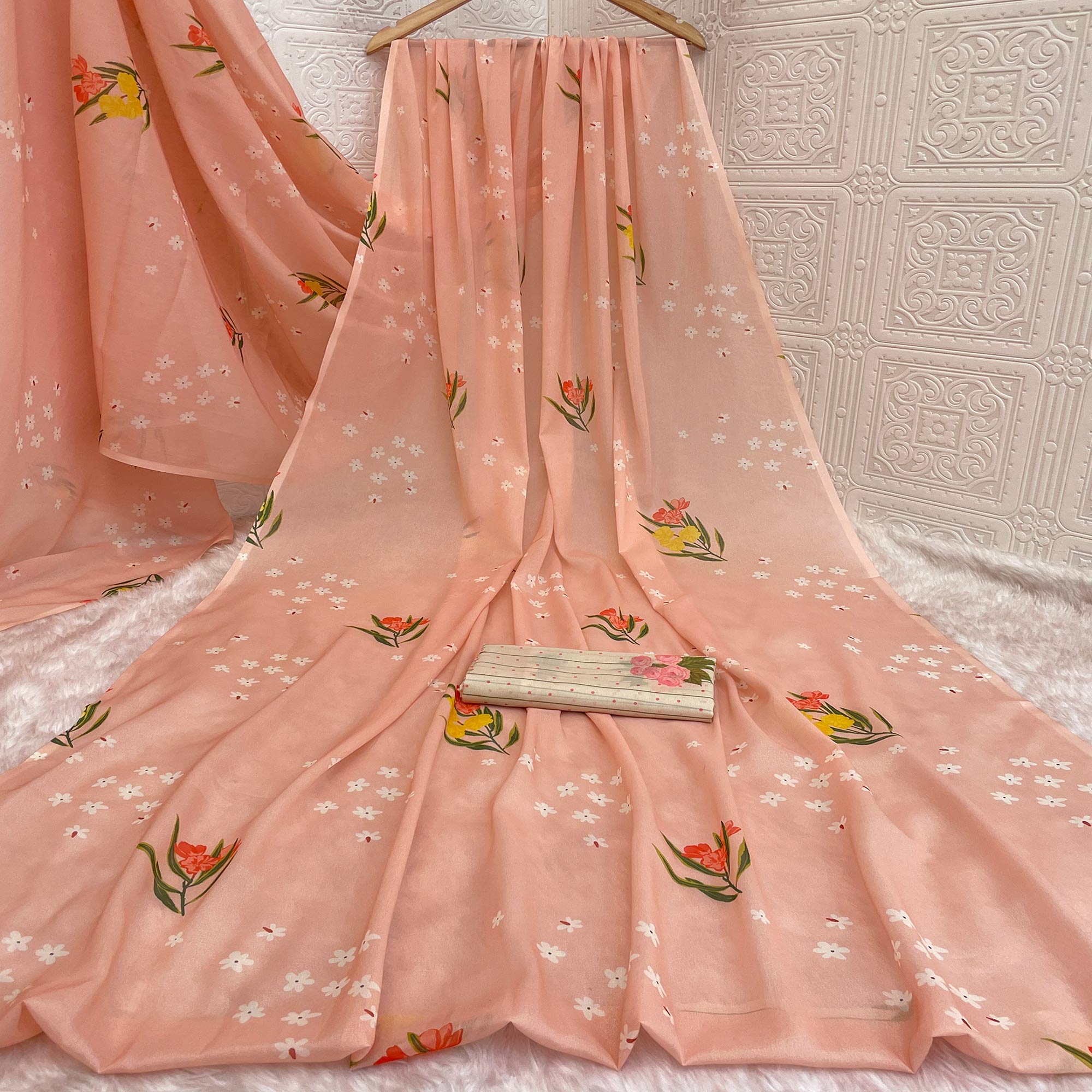 Peach Sparkle Star Georgette Saree Adorned With Floral Digital Prints