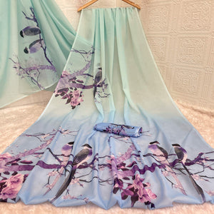 Light Turquoise Sparkle Star Georgette Saree Adorned With Floral & Bird Digital Prints