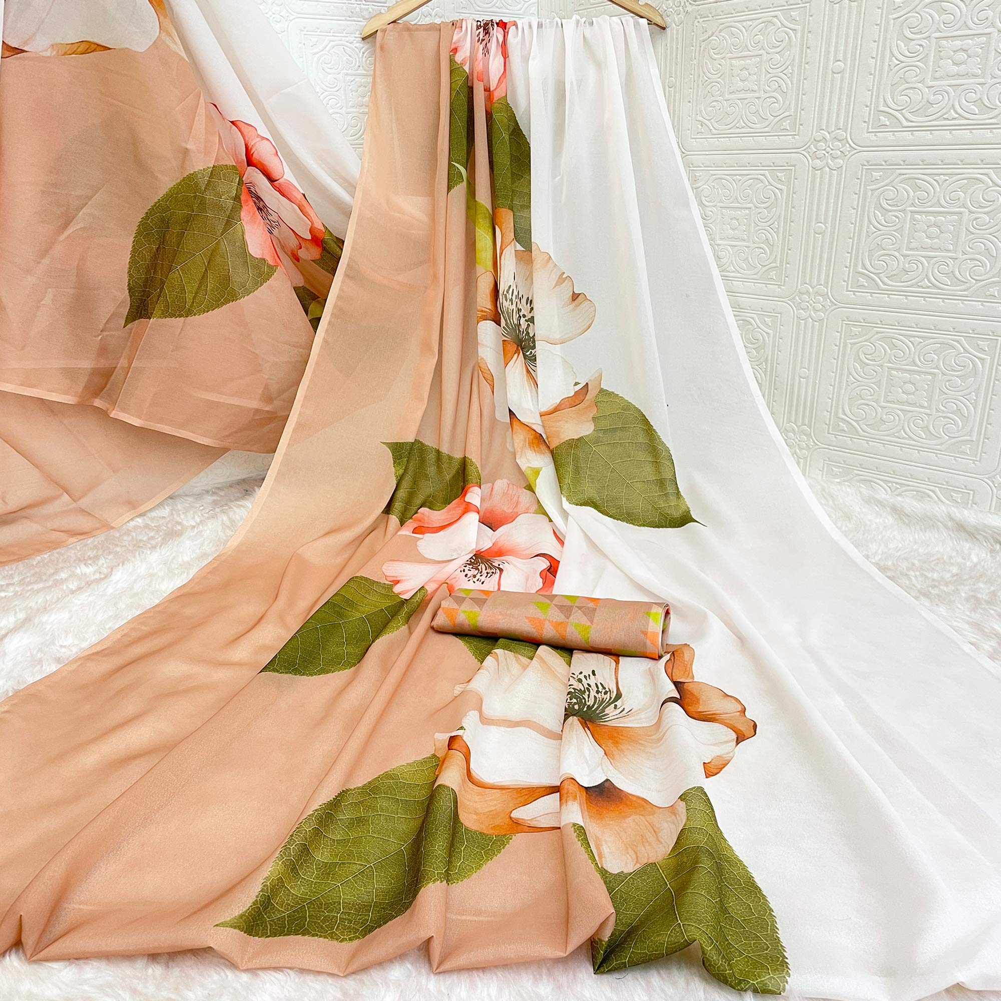 White & Peach Sparkle Star Georgette Saree Adorned With Floral Digital Prints