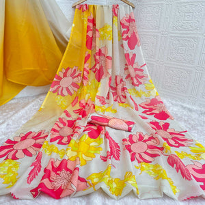 Yellow Sparkle Star Georgette Saree Adorned With Floral Digital Prints