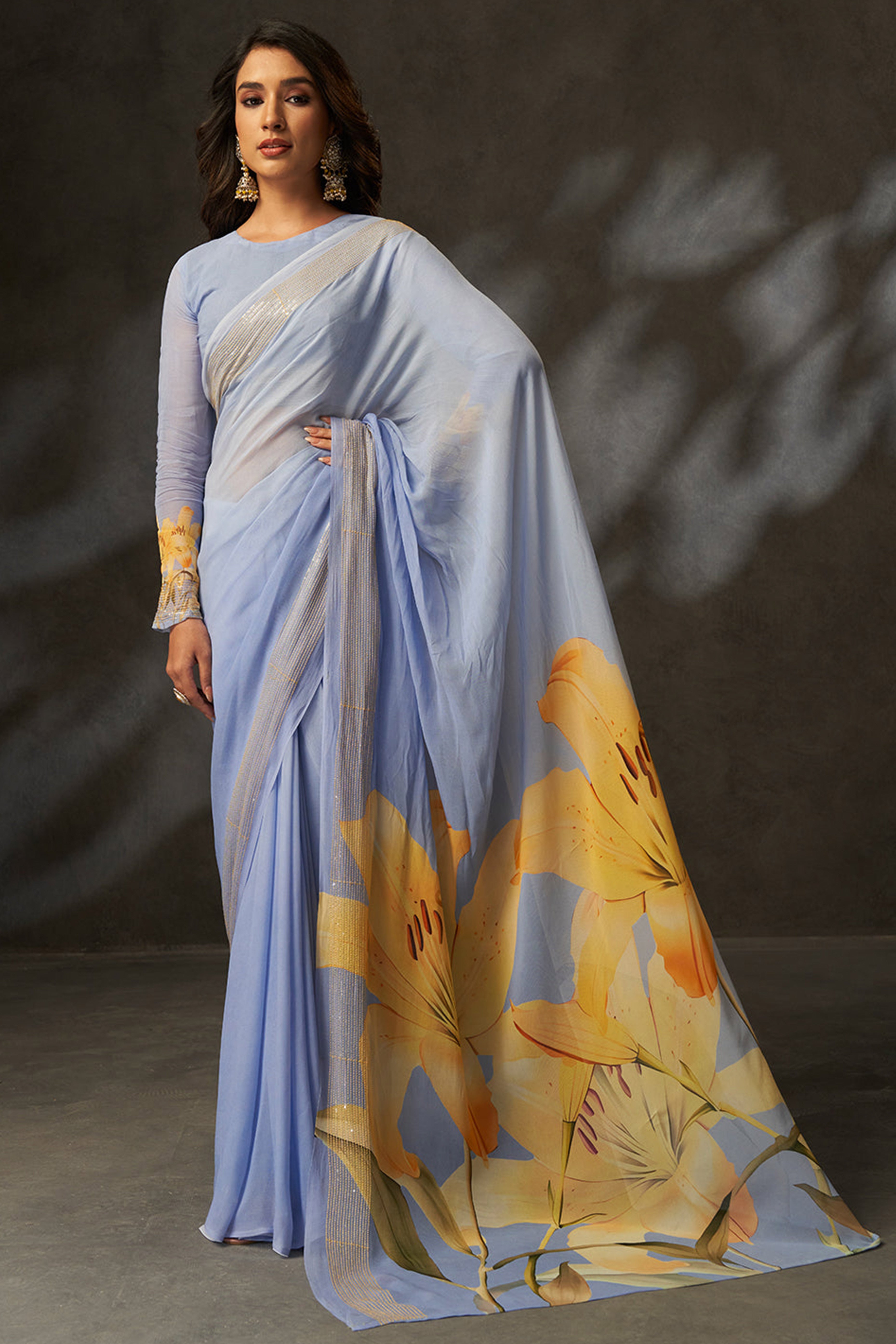 Graceful Blue Floral Digital Print Saree in Georgette With Artistic Crochet Border Work
