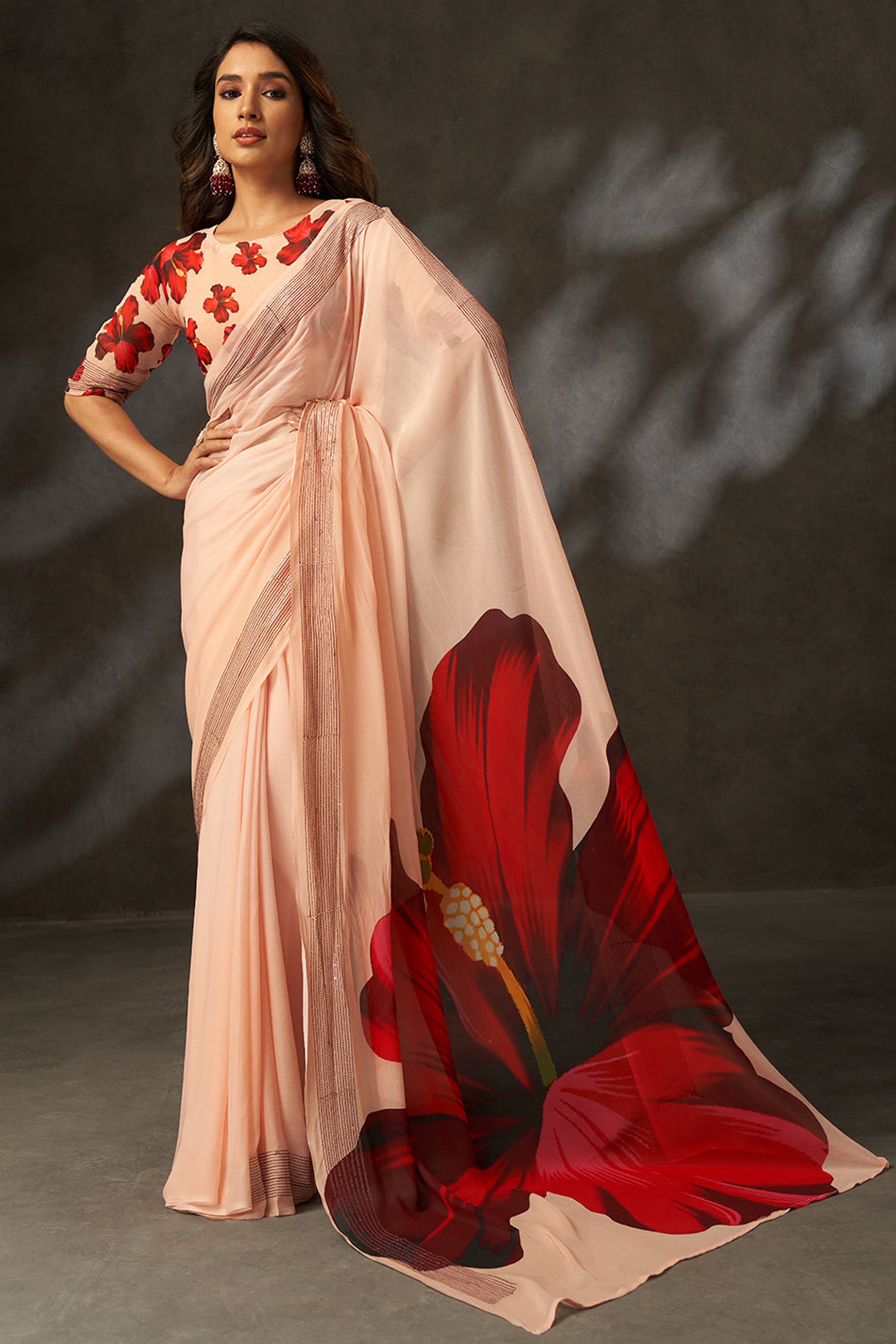 Graceful Peach Floral Digital Print Saree in Georgette With Artistic Crochet Border Work