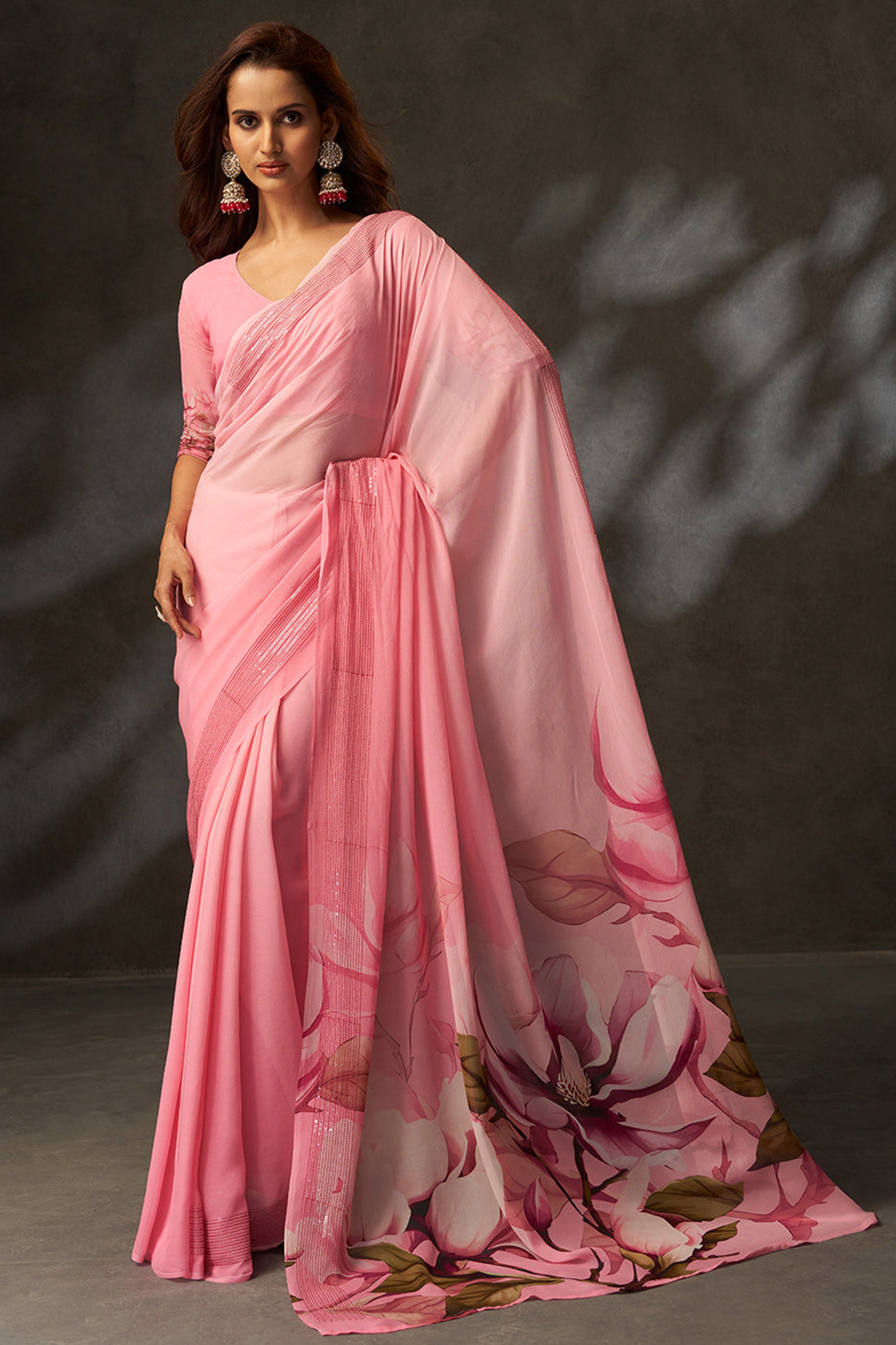 Graceful Pink Floral Digital Print Saree in Georgette With Artistic Crochet Border Work