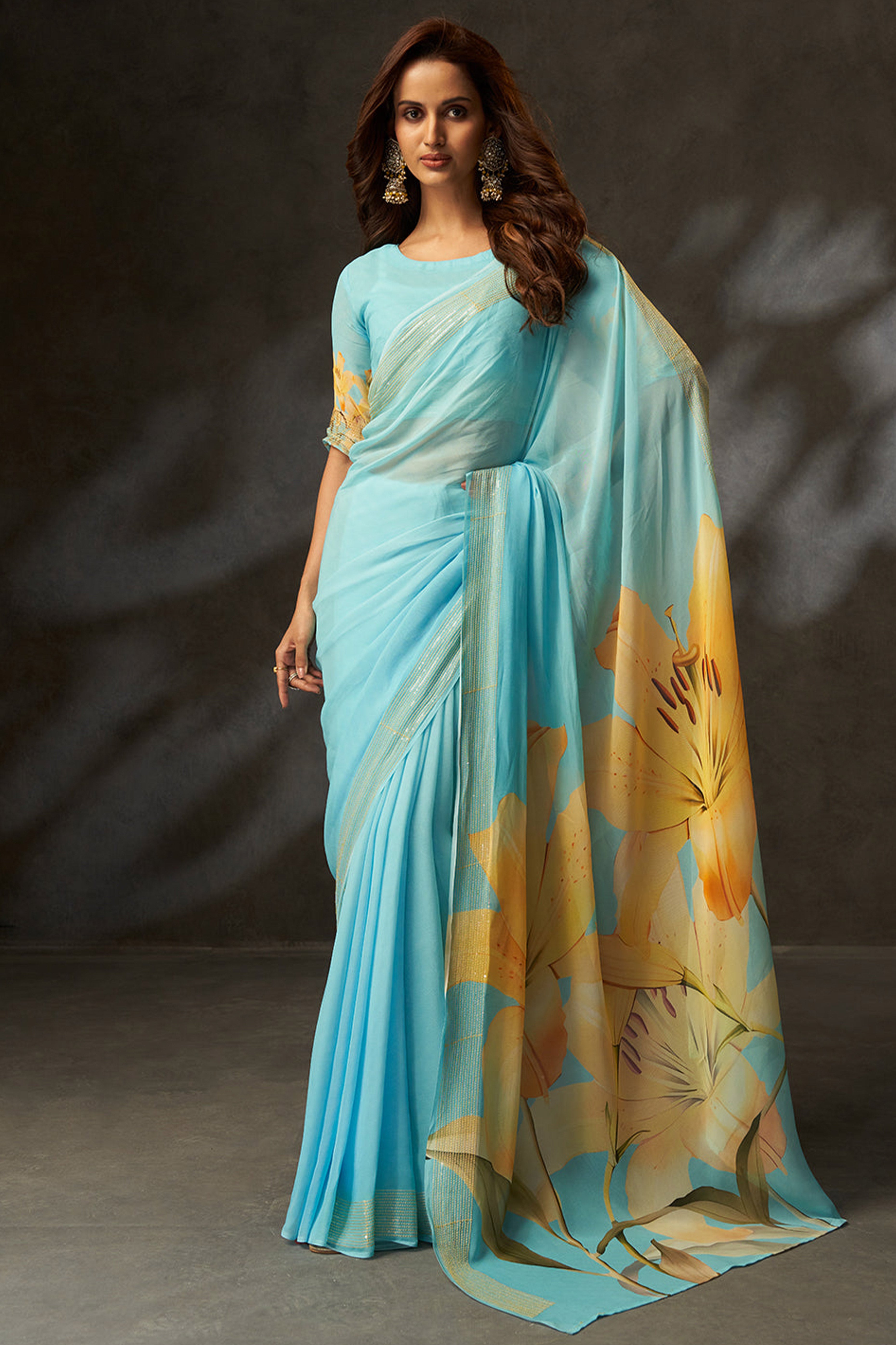 Graceful Sky Blue  Floral Digital Print Saree in Georgette With Artistic Crochet Border Work