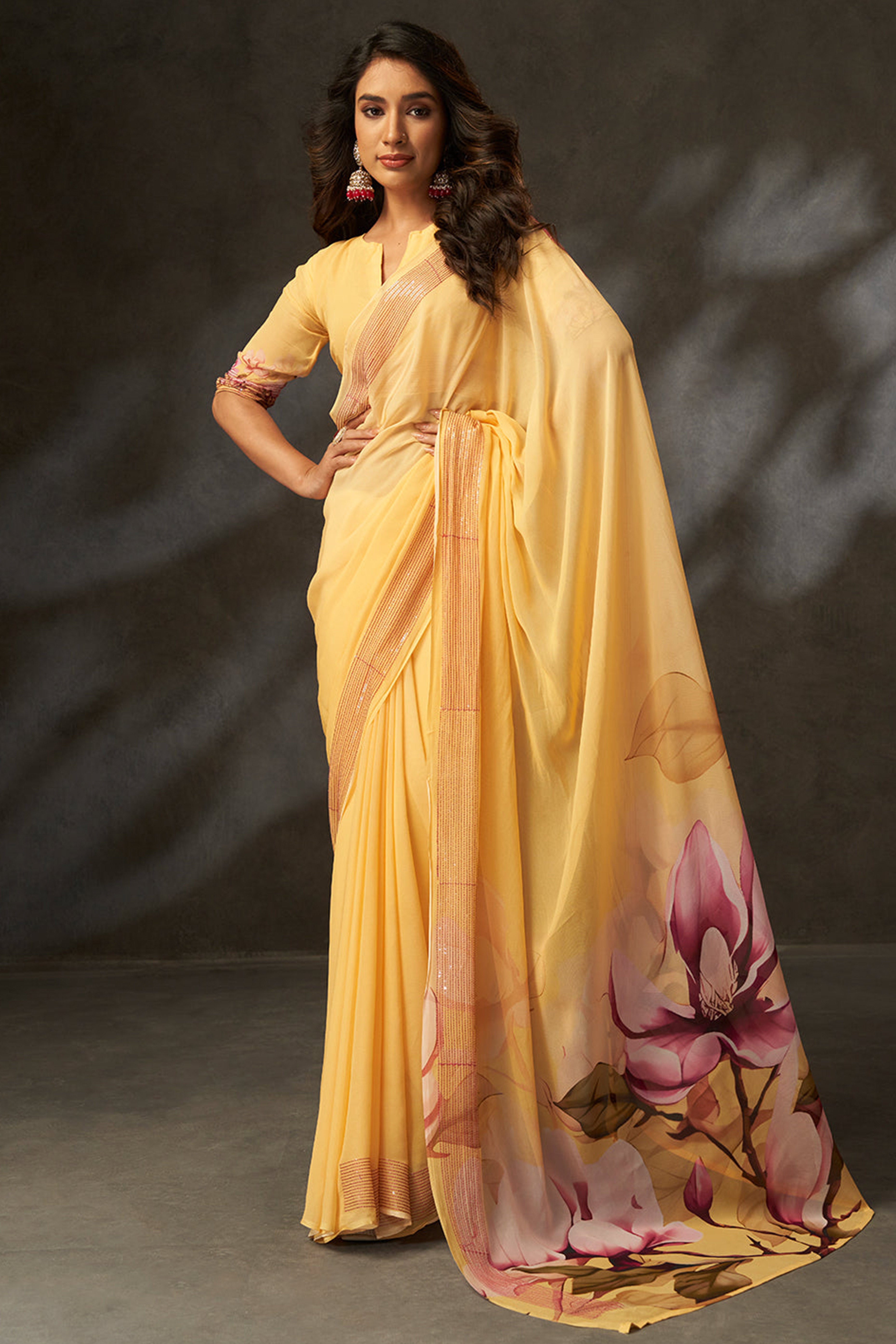 Graceful Yellow Floral Digital Print Saree in Georgette With Artistic Crochet Border Work