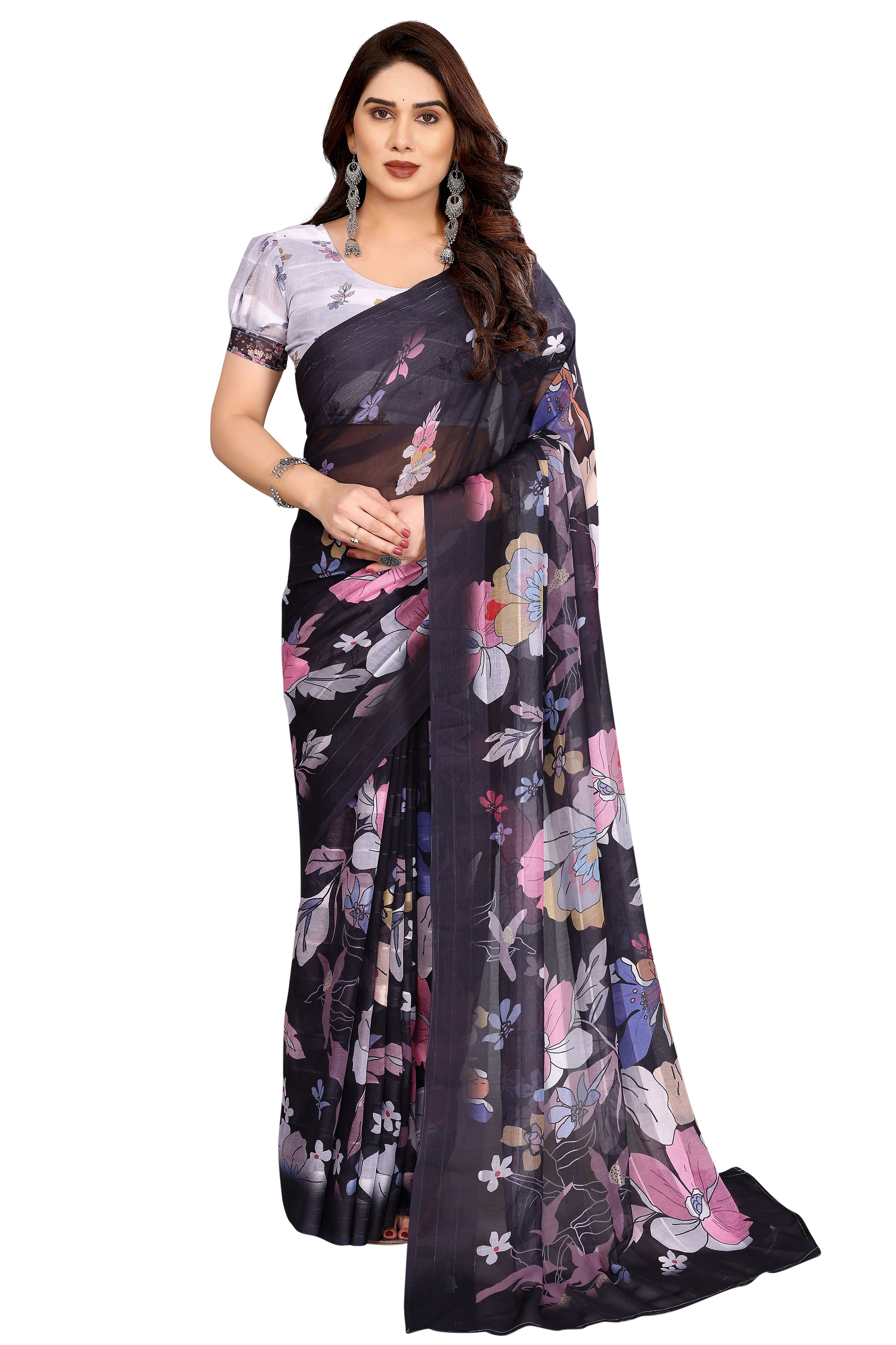 Graceful Black Floral Digital Print Georgette Saree Featuring Zari Work & Vibrant Striped