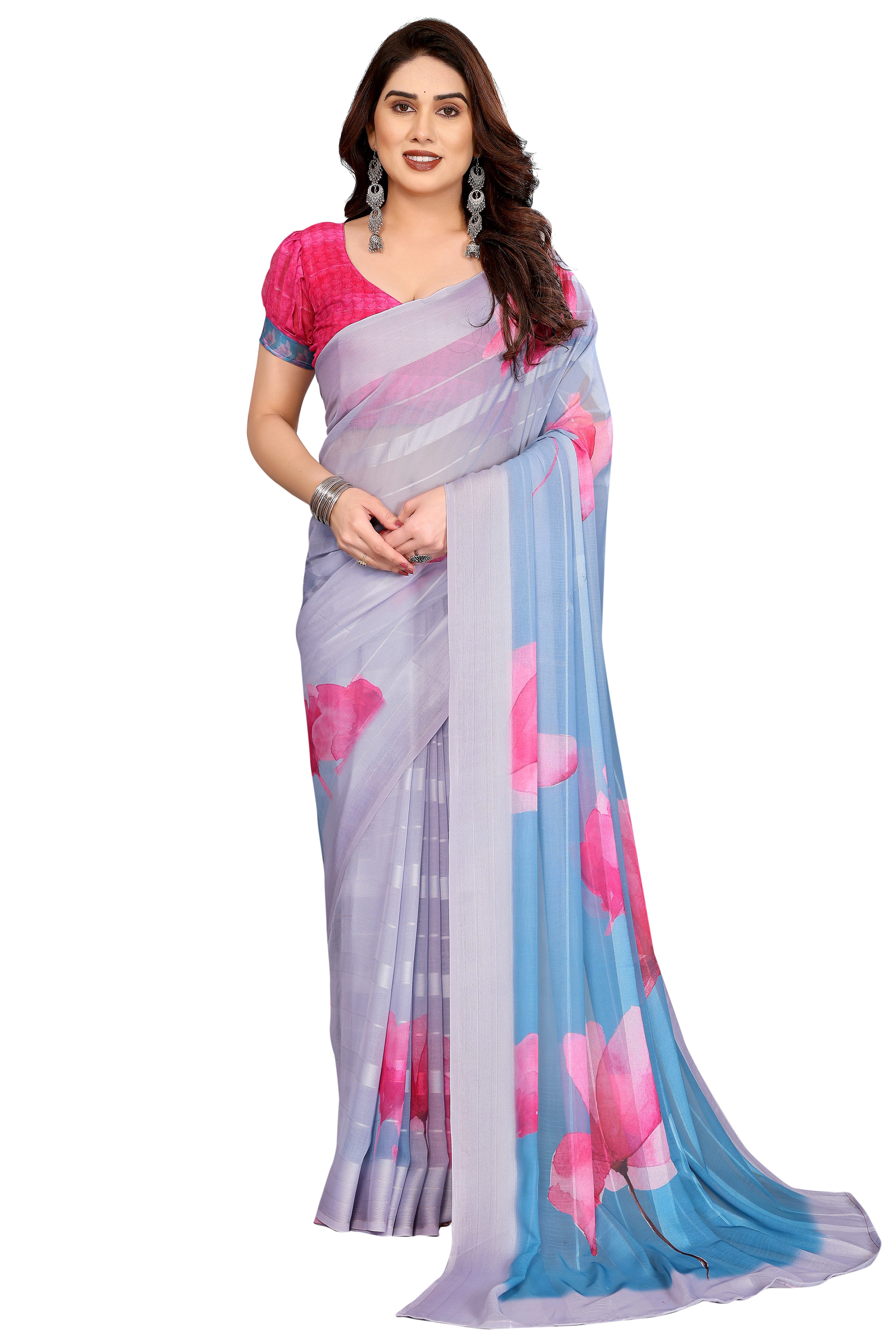 Graceful Grey Floral Digital Print Georgette Saree Featuring Zari Work & Vibrant Striped
