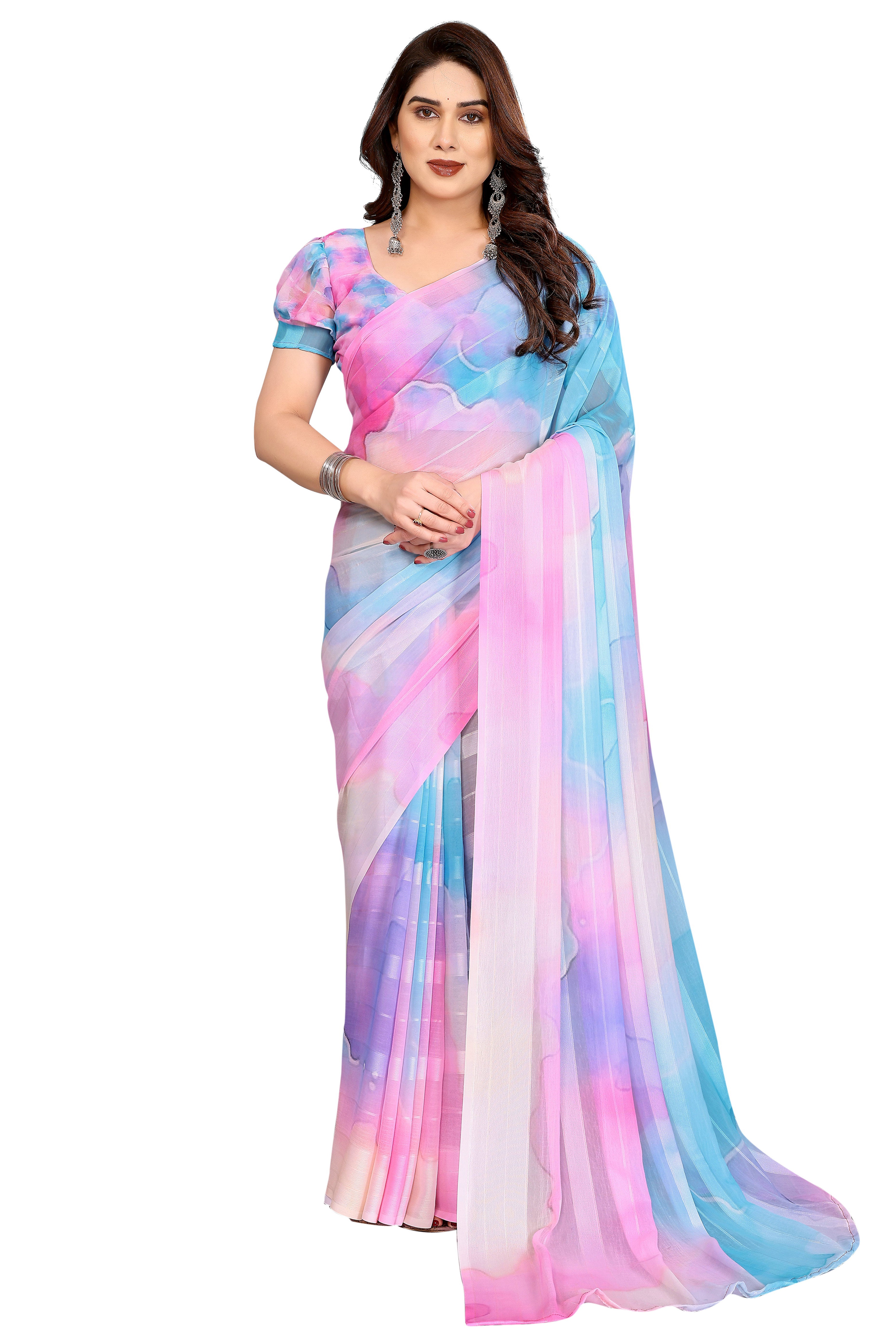Graceful Multicolor Abstract Digital Print Georgette Saree Featuring Zari Work & Vibrant Striped