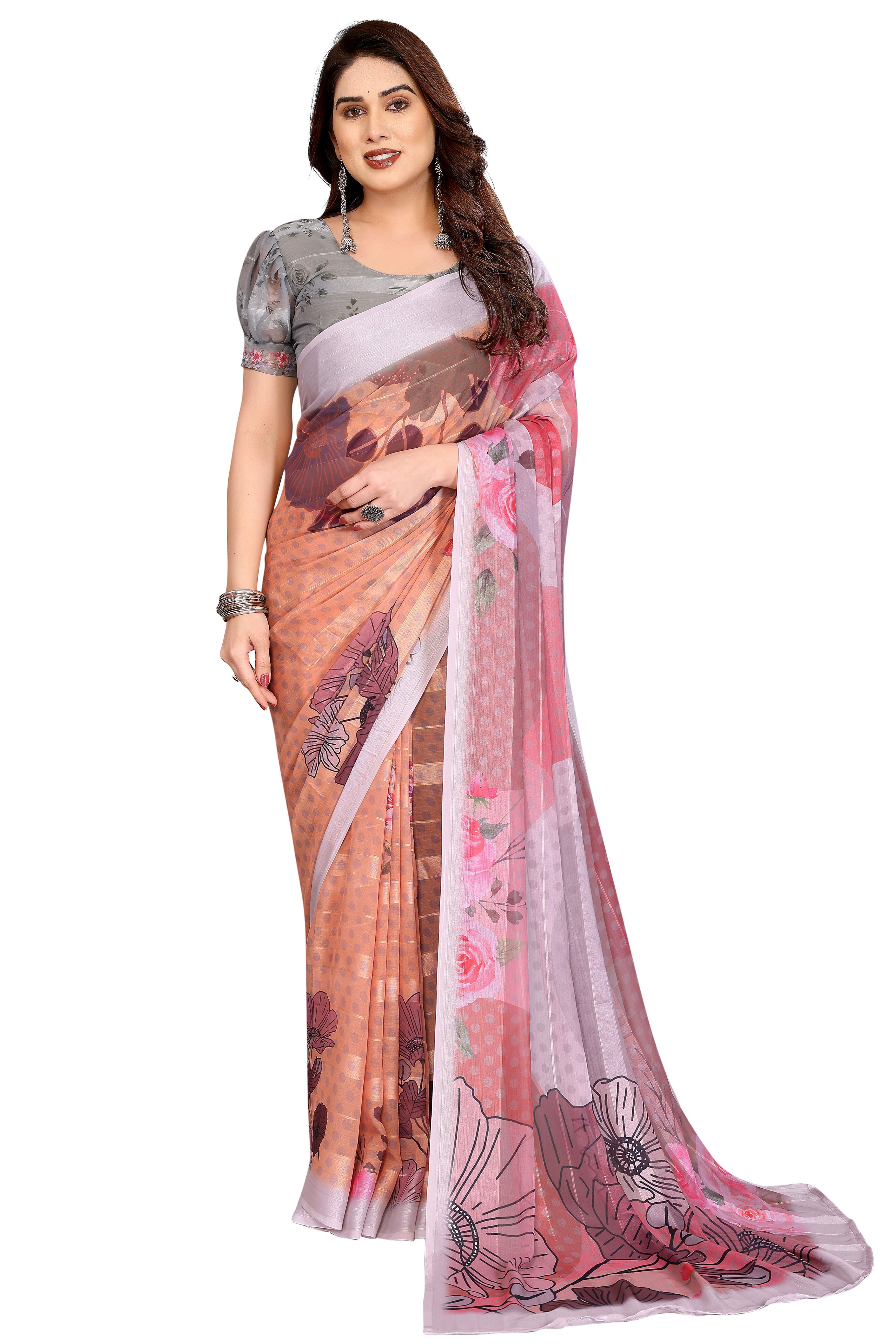 Graceful Dusty Peach Floral Digital Print Georgette Saree Featuring Zari Work & Vibrant Striped