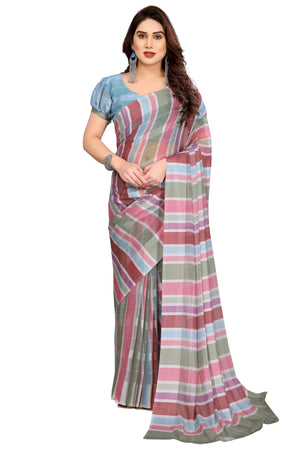 Graceful Multicolor Digital Print Georgette Saree Featuring Zari Work & Vibrant Striped