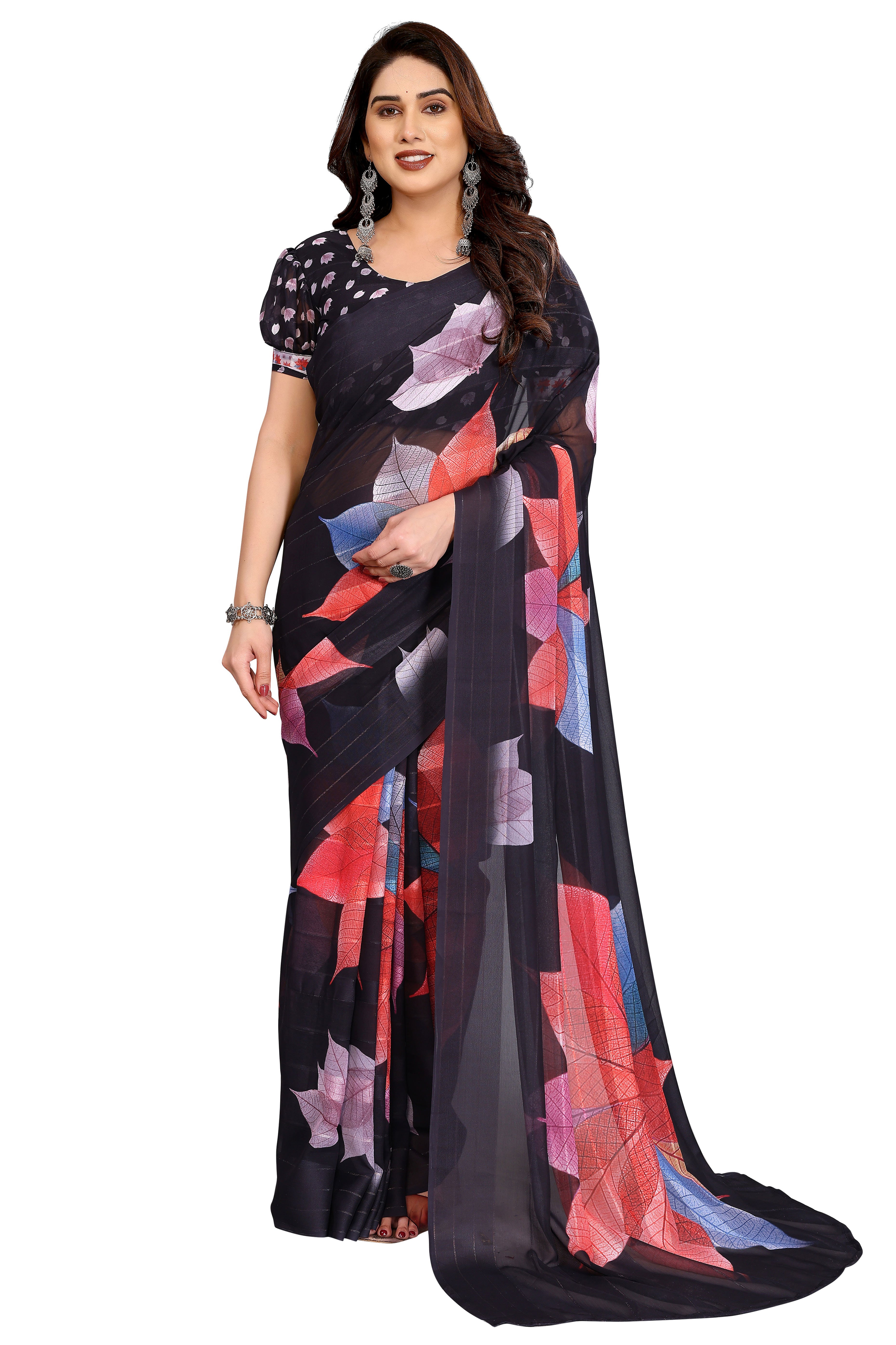 Sophisticated Black Floral Digital Print Georgettte Saree With Zari Touch & Striped Design
