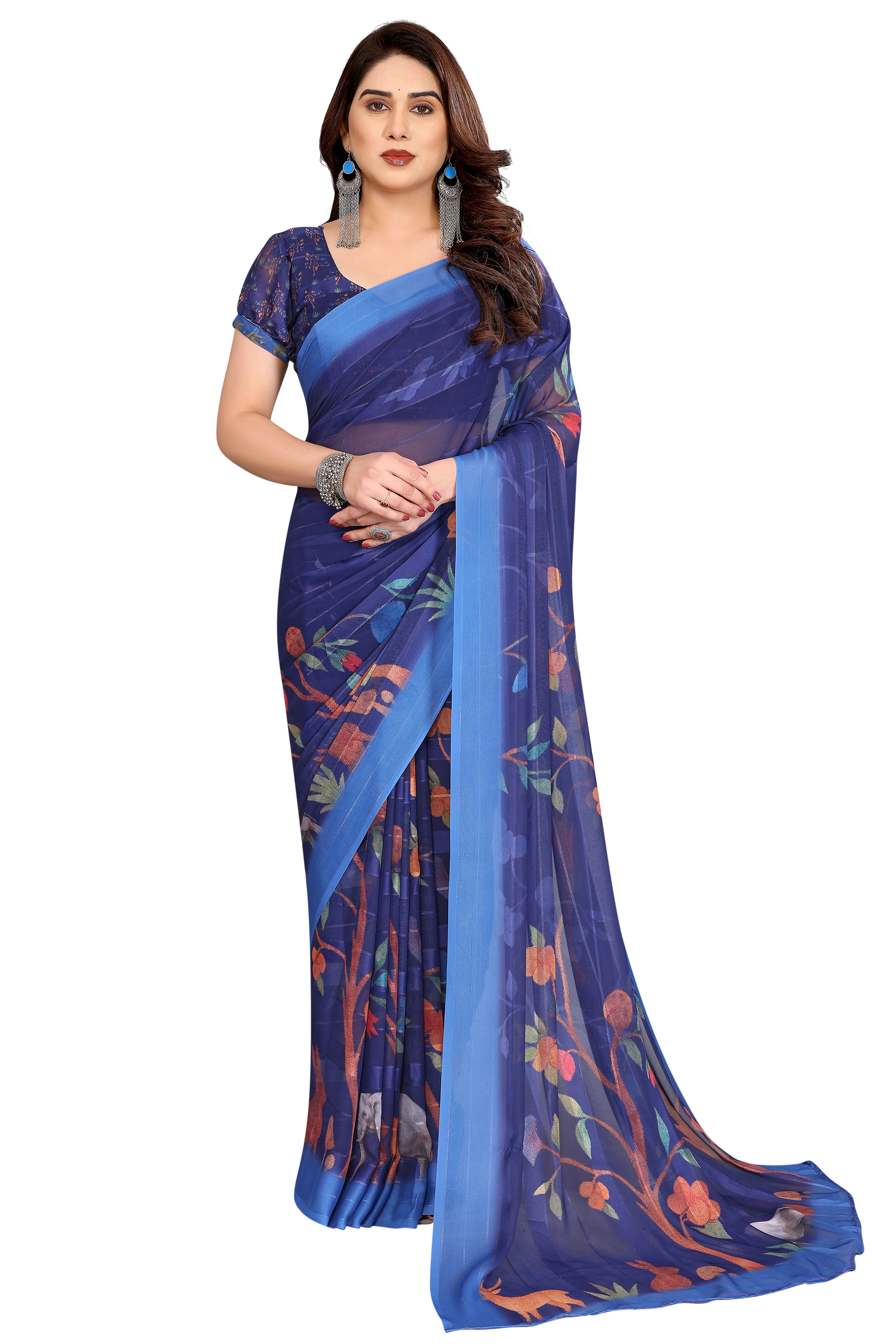 Sophisticated Blue Floral Digital Print Georgettte Saree With Zari Touch & Striped Design