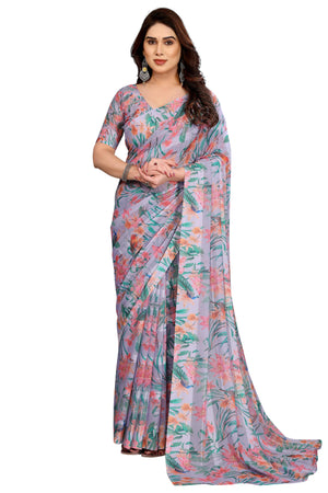 Sophisticated Grey Floral Digital Print Georgettte Saree With Zari Touch & Striped Design