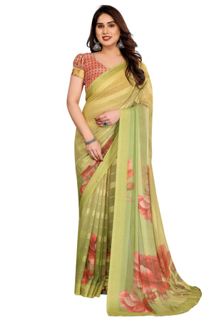 Sophisticated Green Floral Digital Print Georgettte Saree With Zari Touch & Striped Design