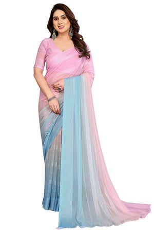 Sophisticated Multicolor Digital Print Georgettte Saree With Zari Touch & Striped Design