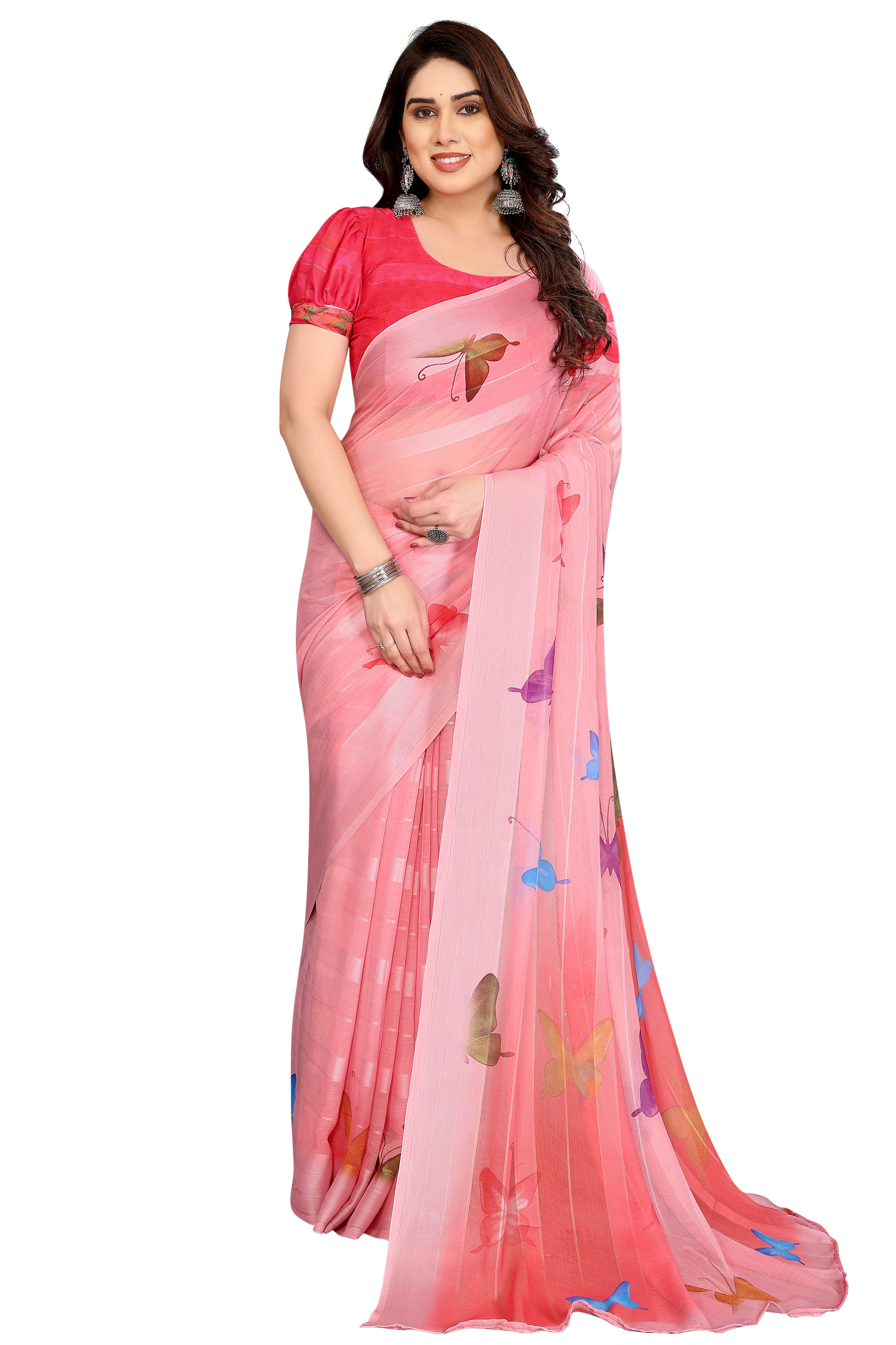 Sophisticated Pink Digital Print Georgettte Saree With Zari Touch & Striped Design