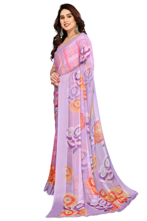 Sophisticated Lavender Floral Digital Print Georgettte Saree With Zari Touch & Striped Design