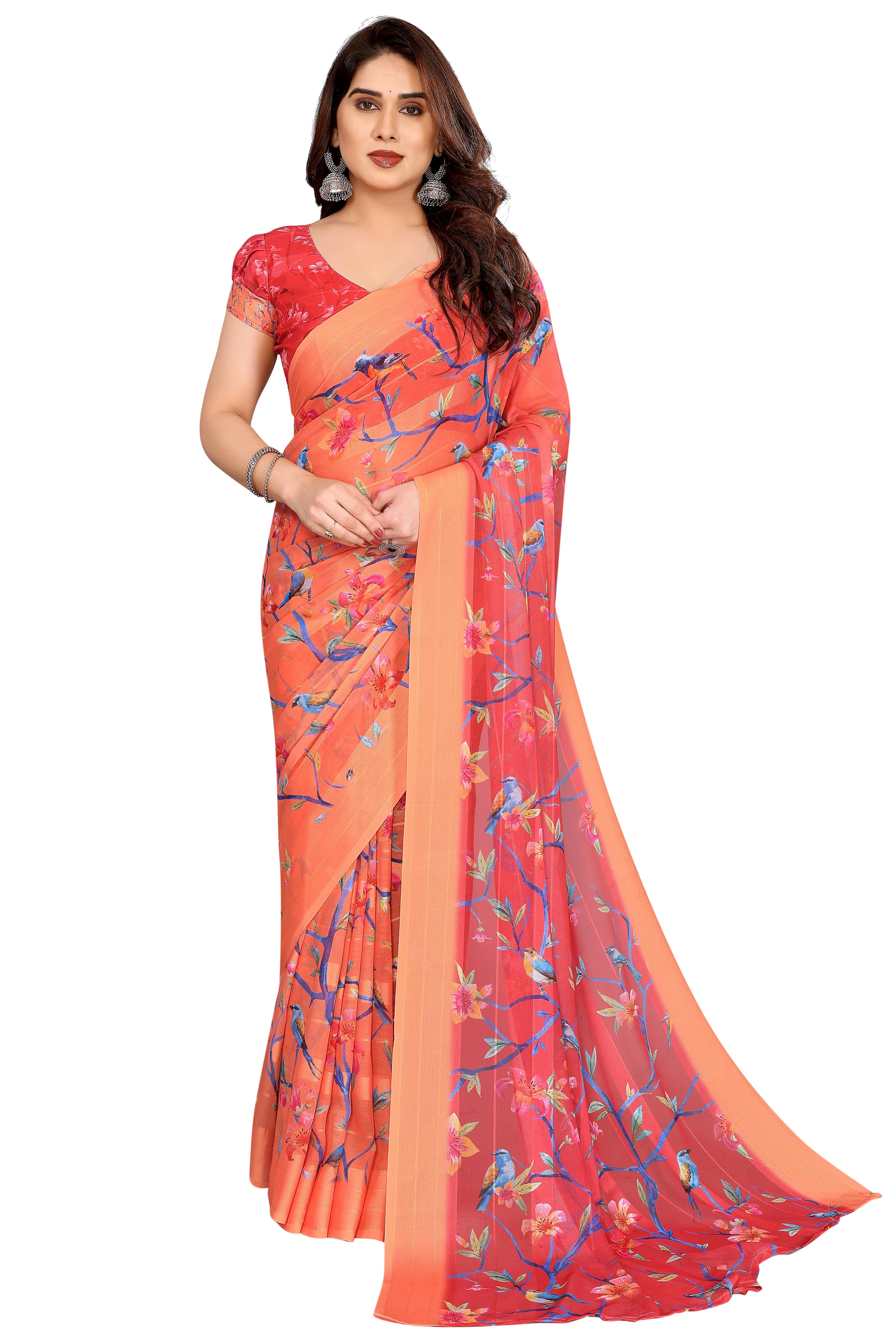 Sophisticated Red Floral Digital Print Georgettte Saree With Zari Touch & Striped Design