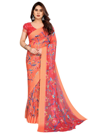 Sophisticated Red Floral Digital Print Georgettte Saree With Zari Touch & Striped Design