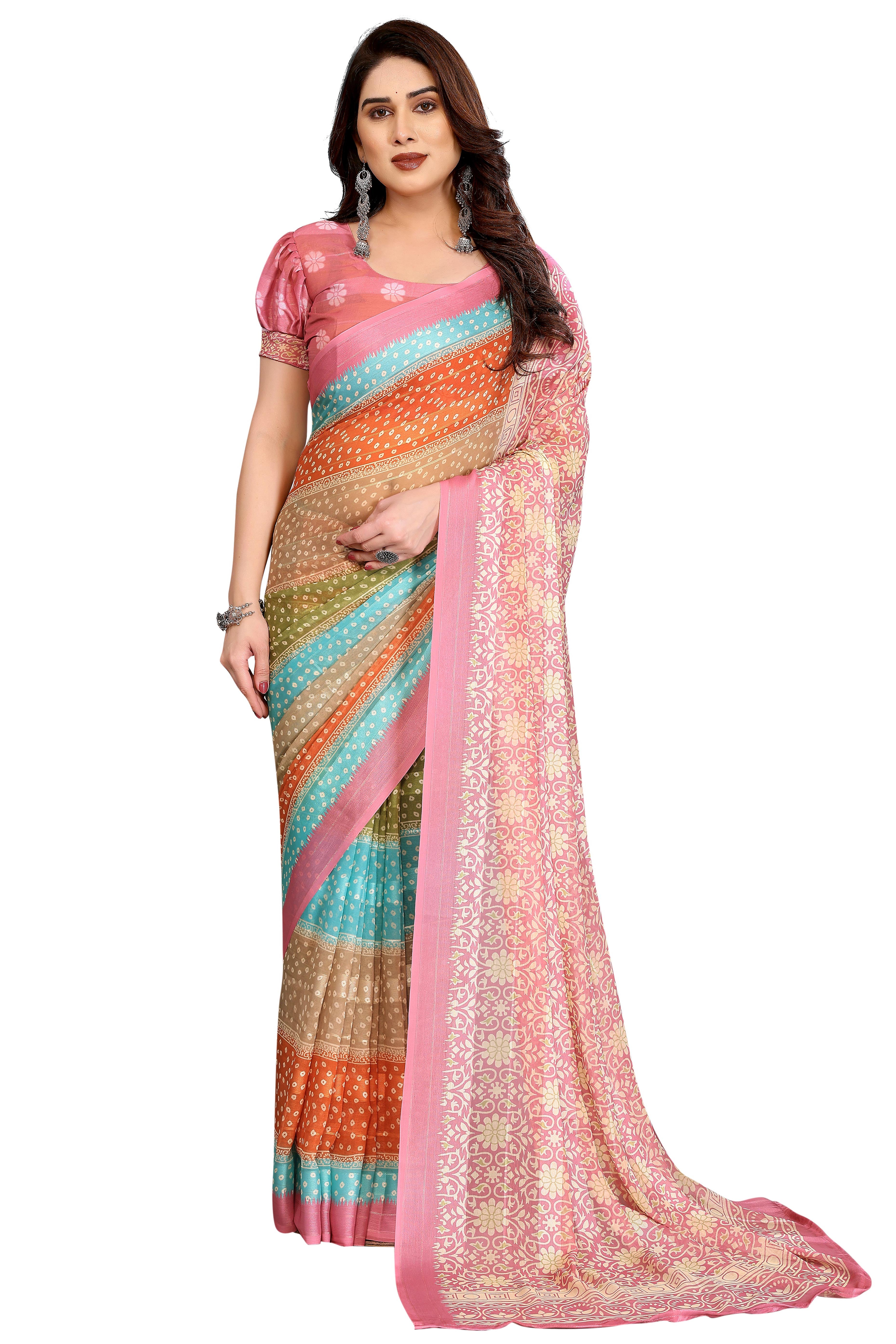 Sophisticated Multiclor Floral Digital Print Georgettte Saree With Zari Touch & Striped Design