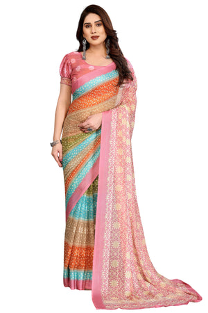 Sophisticated Multiclor Floral Digital Print Georgettte Saree With Zari Touch & Striped Design
