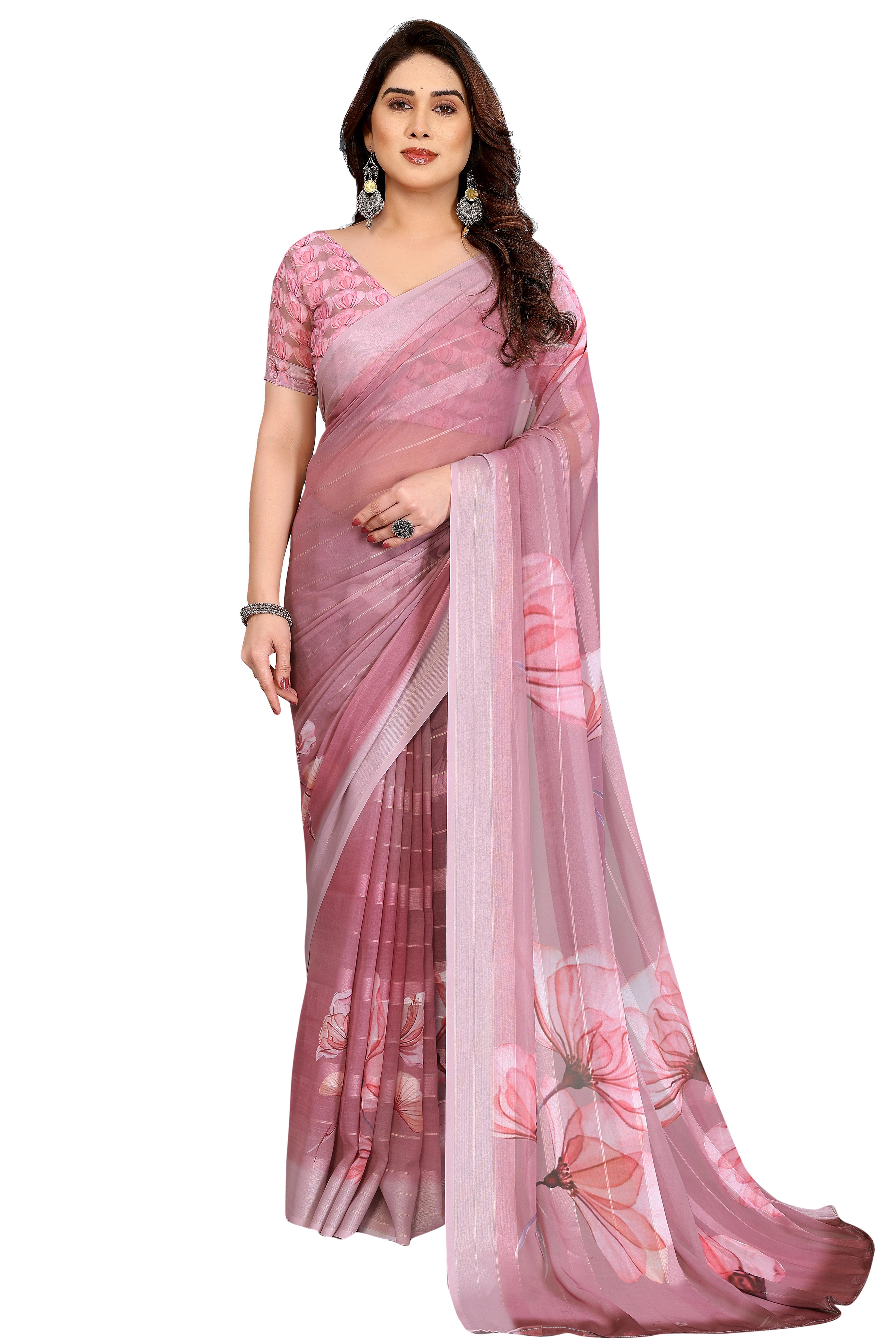 Sophisticated Light Mauve Floral Digital Print Georgettte Saree With Zari Touch & Striped Design