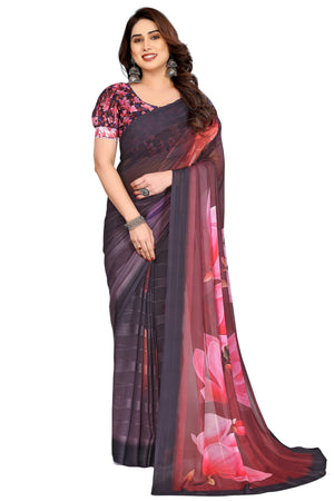 Classic Blak & Maroon Floral Digital Print Georgette Saree With Refined Zari & Stylish Striped