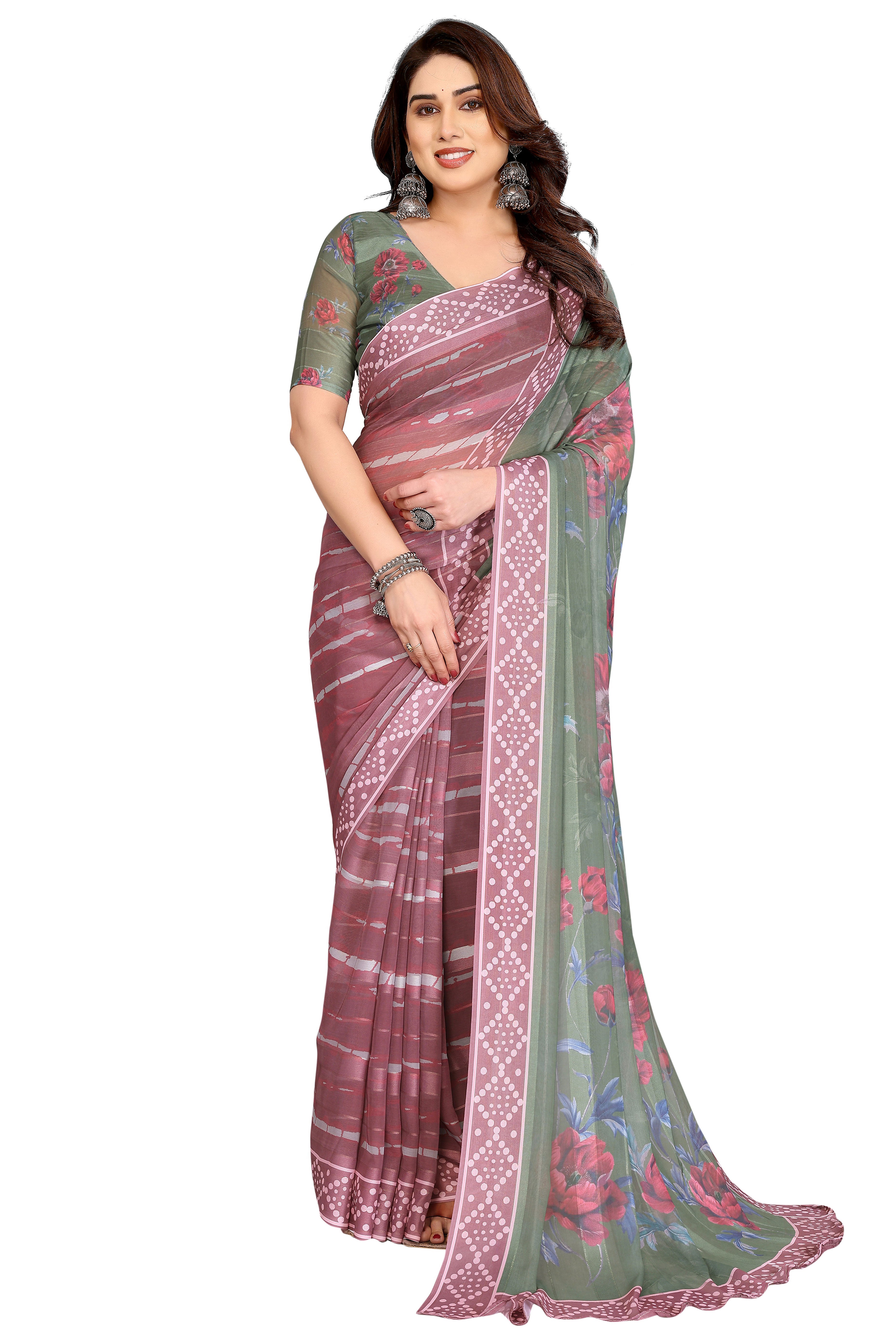 Classic Light Mauve Floral Digital Print Georgette Saree With Refined Zari & Stylish Striped