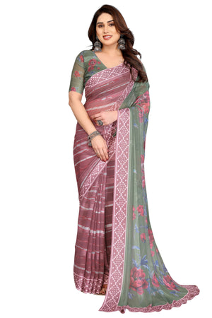 Classic Light Mauve Floral Digital Print Georgette Saree With Refined Zari & Stylish Striped