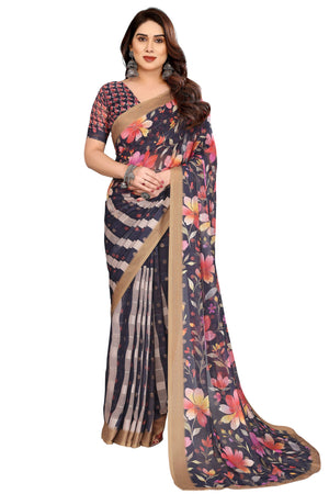 Classic Black Floral Digital Print Georgette Saree With Refined Zari & Stylish Striped