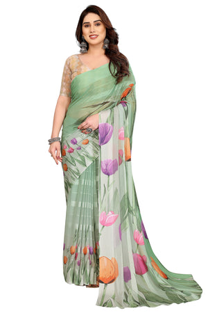 Classic Green Floral Digital Print Georgette Saree With Refined Zari & Stylish Striped