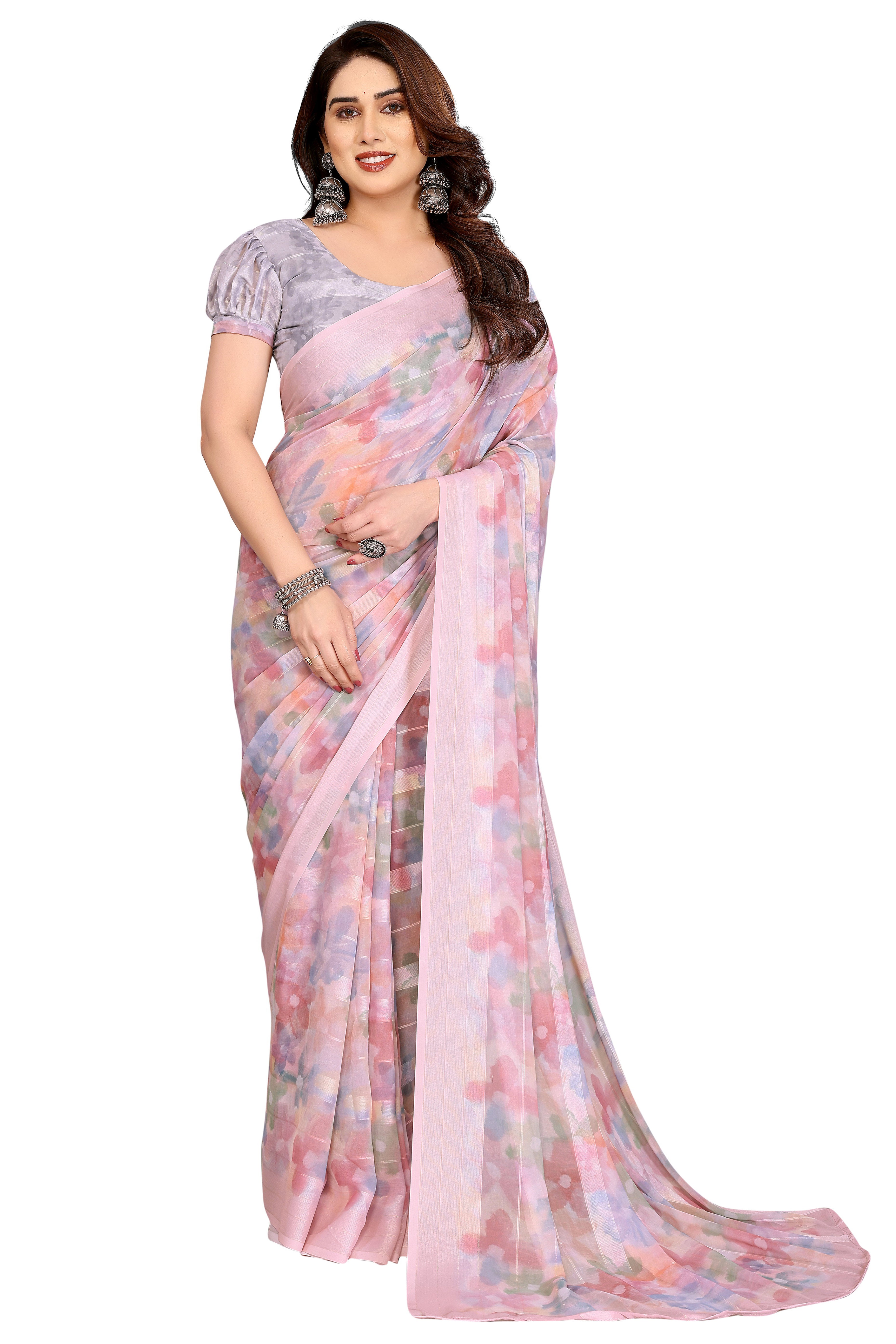 Classic Light Pink Floral Digital Print Georgette Saree With Refined Zari & Stylish Striped