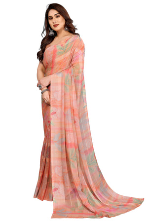Classic Peach Floral Digital Print Georgette Saree With Refined Zari & Stylish Striped