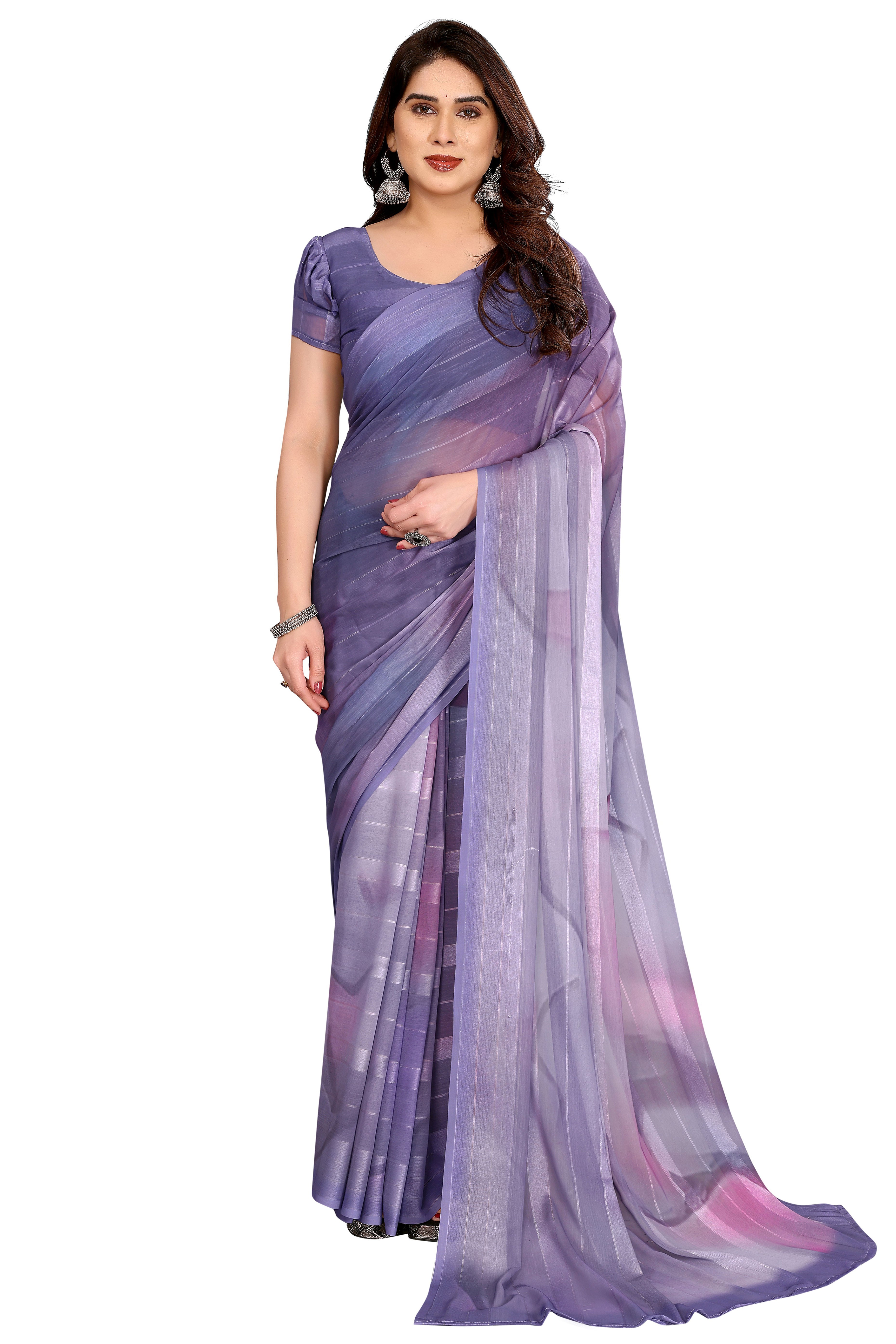 Classic Purple Digital Print Georgette Saree With Refined Zari & Stylish Striped