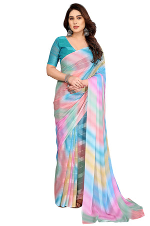 Classic Multicolor Ombre Digital Print Georgette Saree With Refined Zari & Stylish Striped
