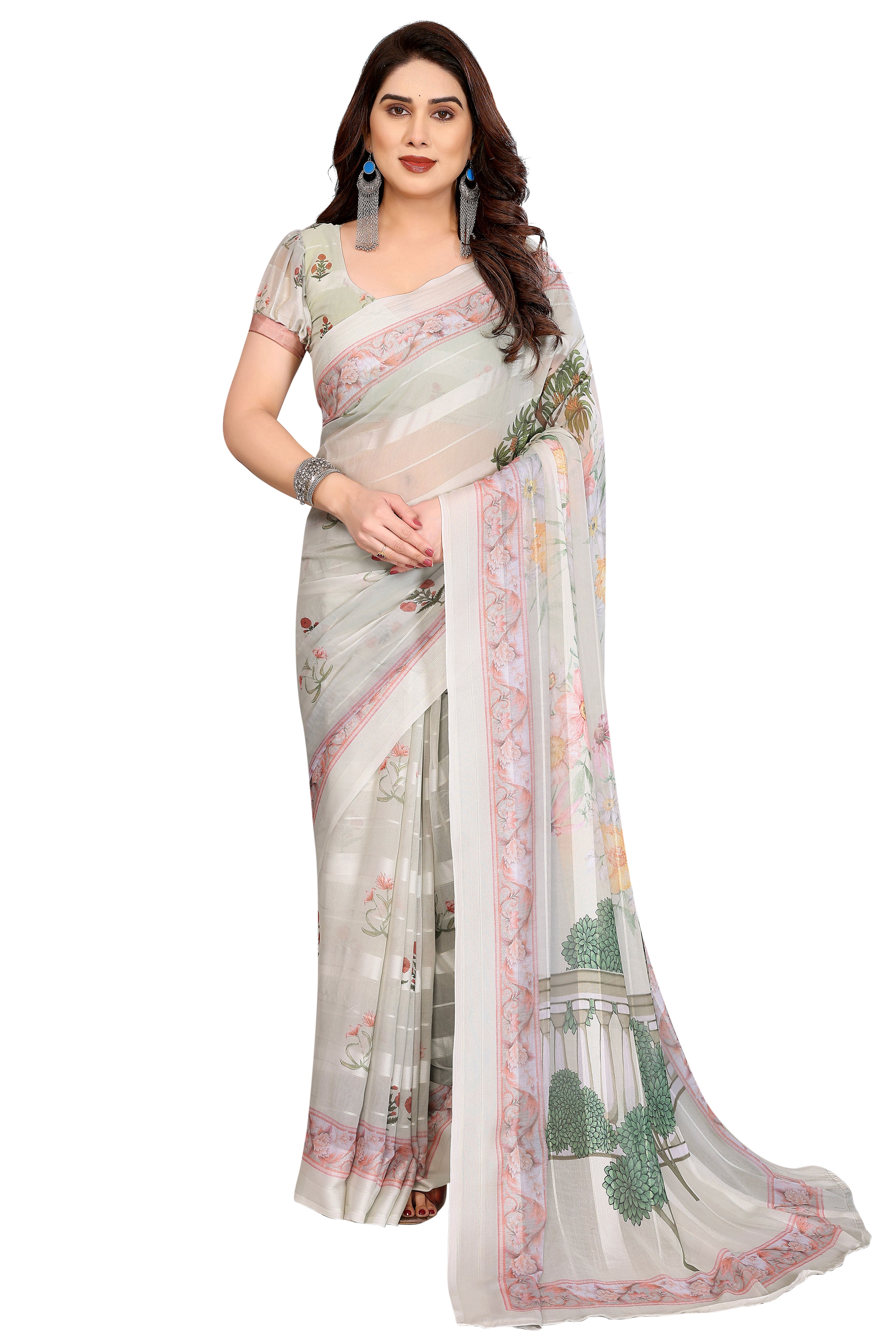 Premium Offwhite Floral Digital Printed Georgette Saree Featuring Delicate Zari & Bright Striped