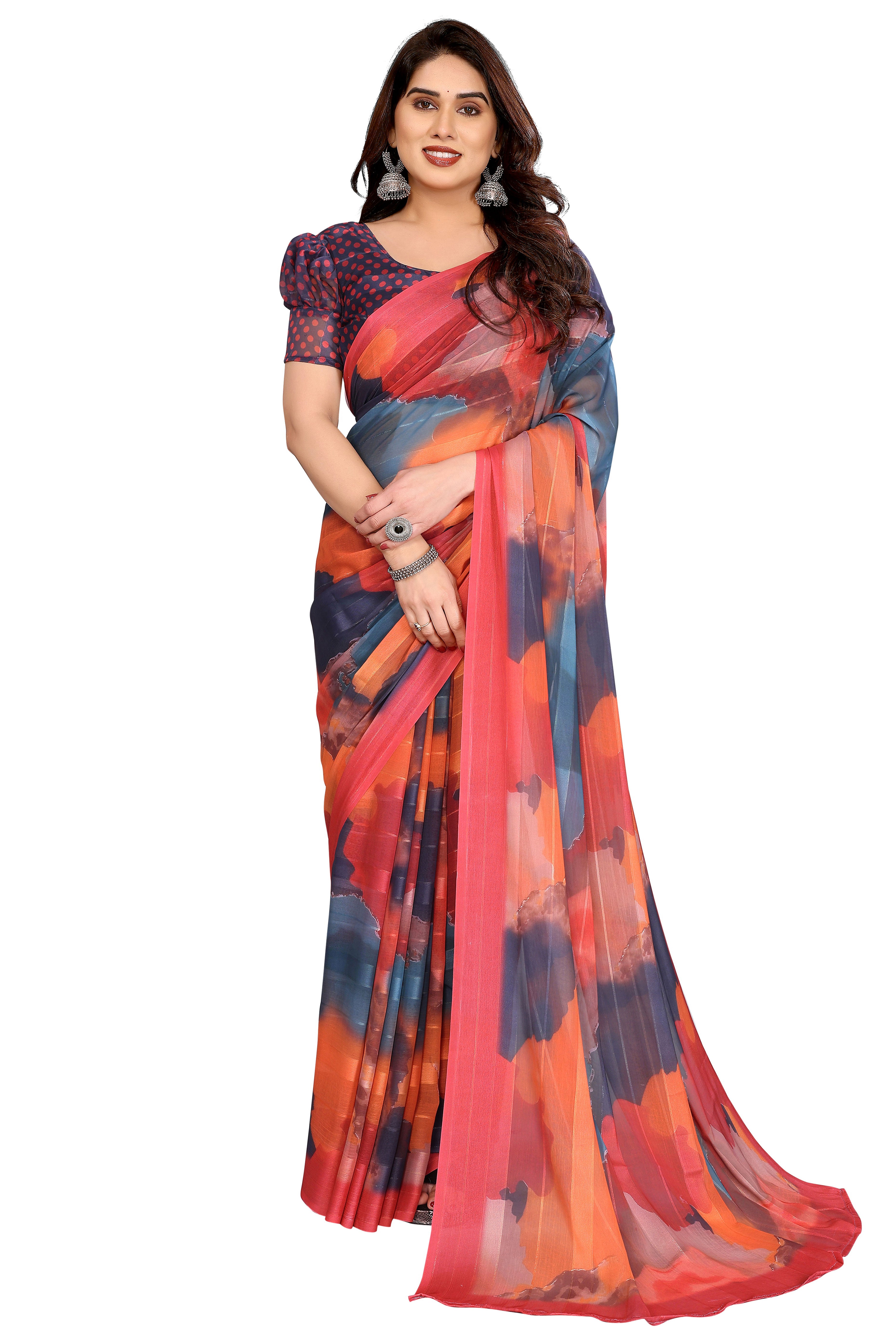 Premium Muticolor Digital Printed Georgette Saree Featuring Delicate Zari & Bright Striped