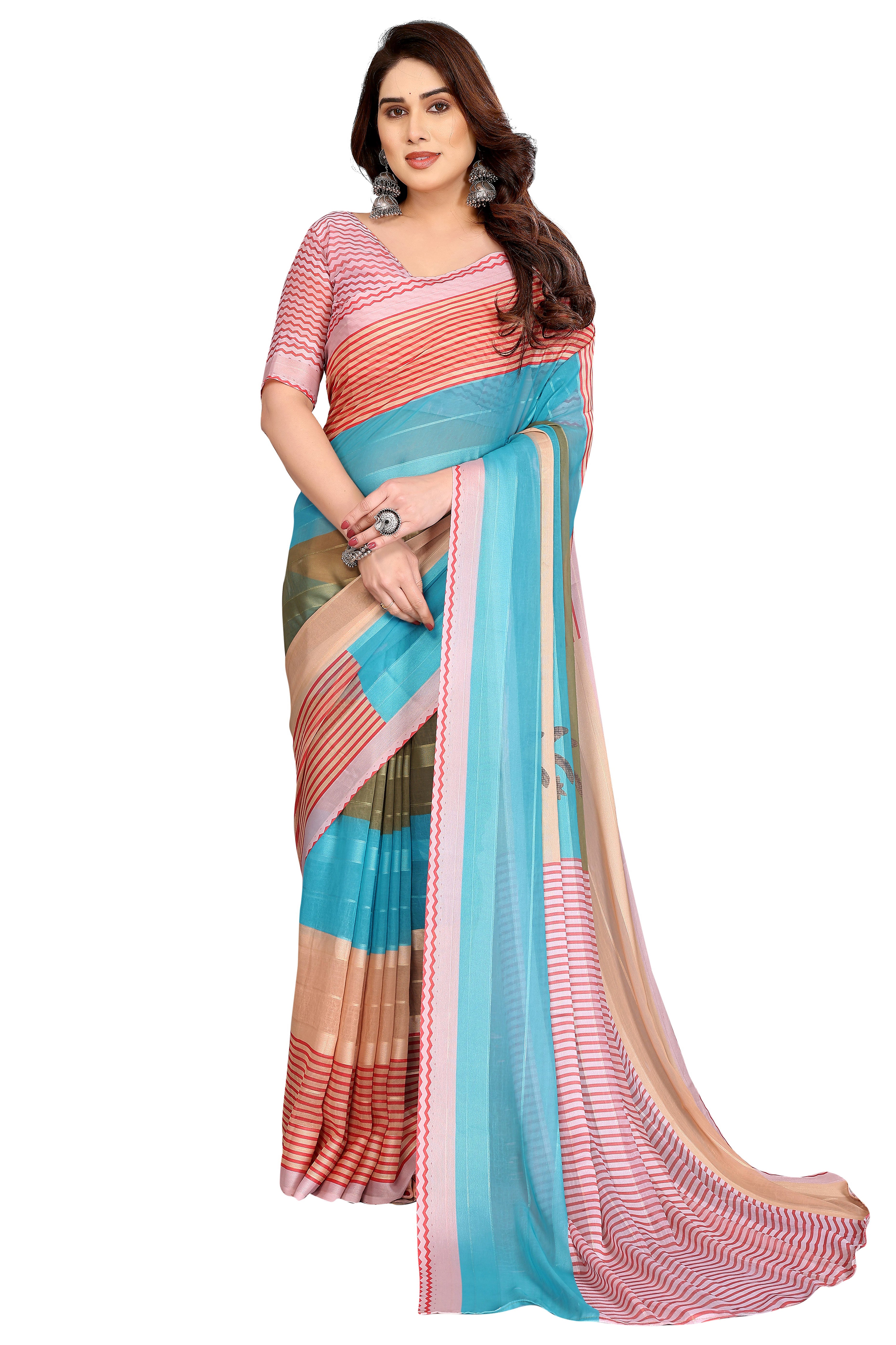 Premium Multicolor Digital Printed Georgette Saree Featuring Delicate Zari & Bright Striped