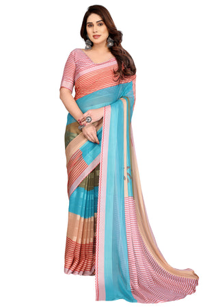 Premium Multicolor Digital Printed Georgette Saree Featuring Delicate Zari & Bright Striped