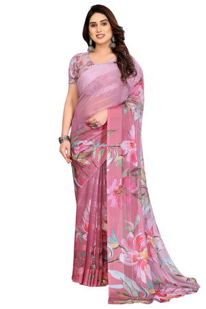 Premium Pink Floral Digital Printed Georgette Saree Featuring Delicate Zari & Bright Striped