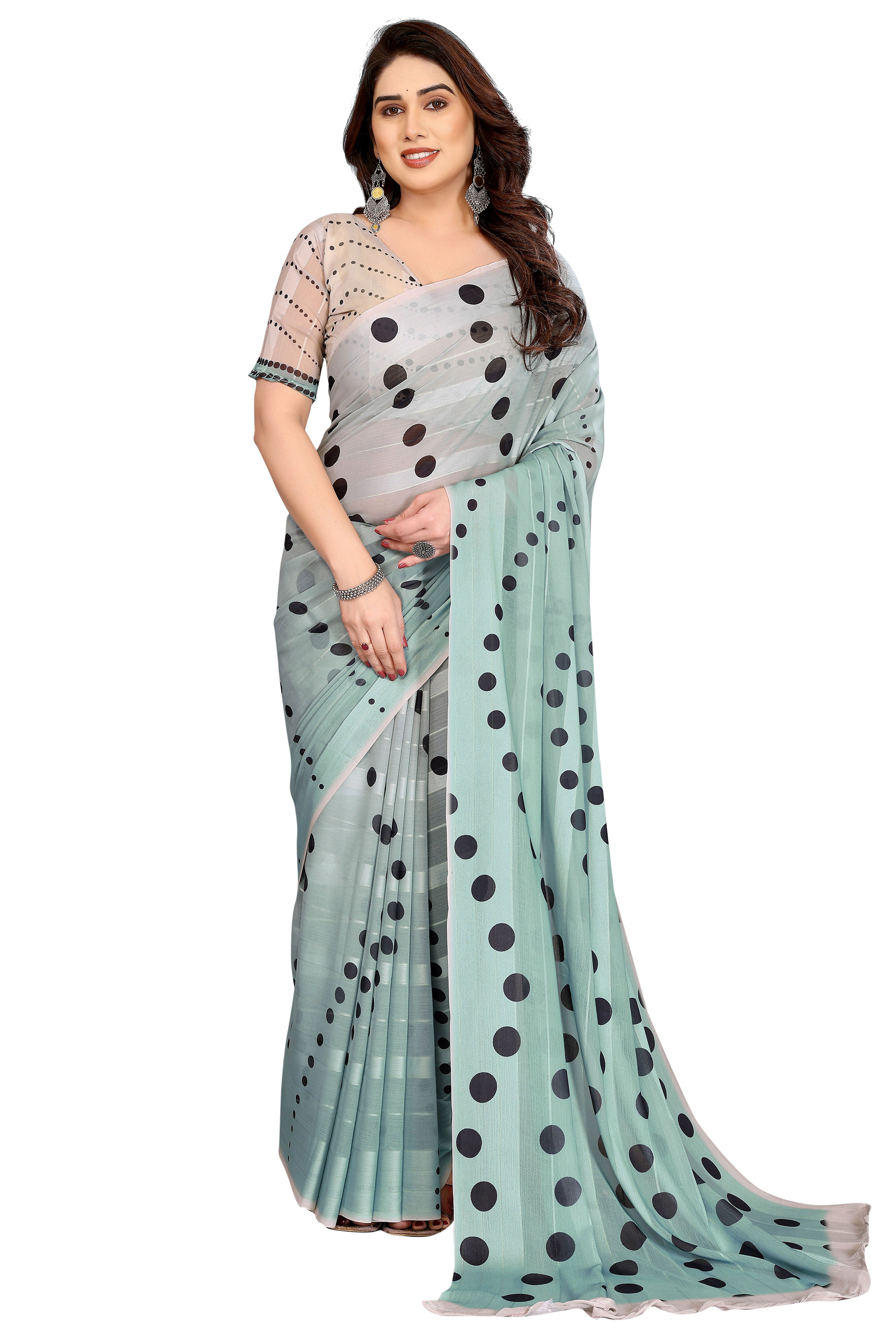 Premium Mint Green Polka Digital Printed Georgette Saree Featuring Delicate Zari & Bright Striped