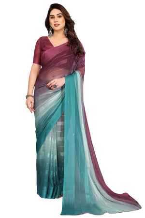 Premium Teal & Green Digital Printed Georgette Saree Featuring Delicate Zari & Bright Striped