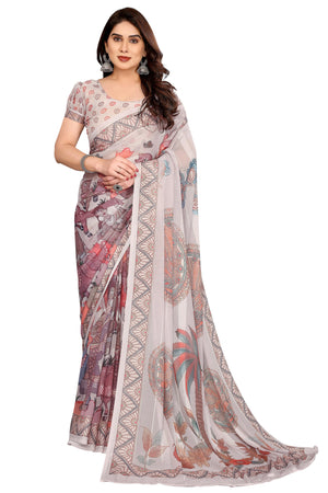 Luxury Beige Floral Digital Print Georgette Saree With Subtle Zari Highlights & Vibrant Striped