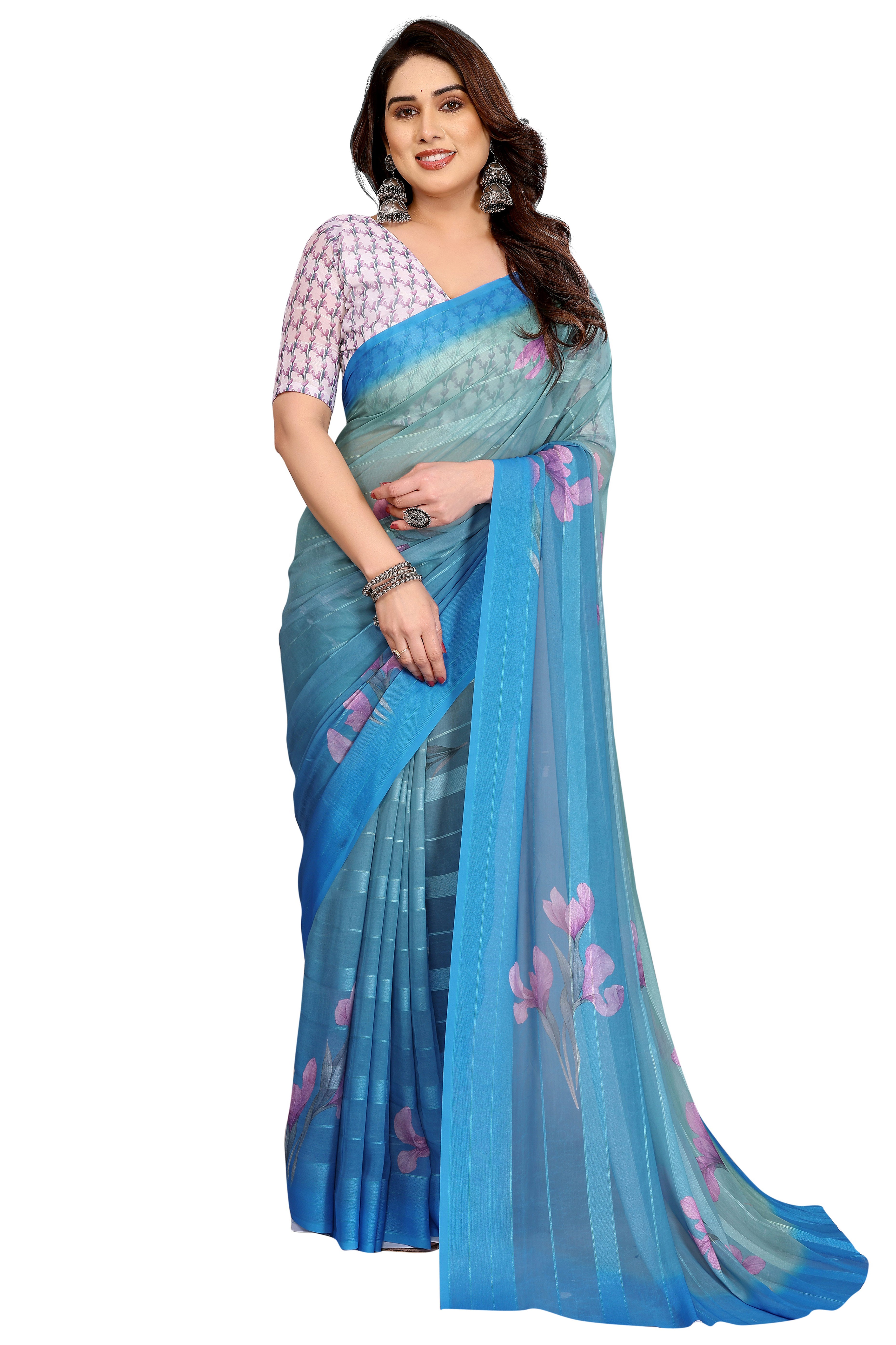 Luxury Blue Floral Digital Print Georgette Saree With Subtle Zari Highlights & Vibrant Striped