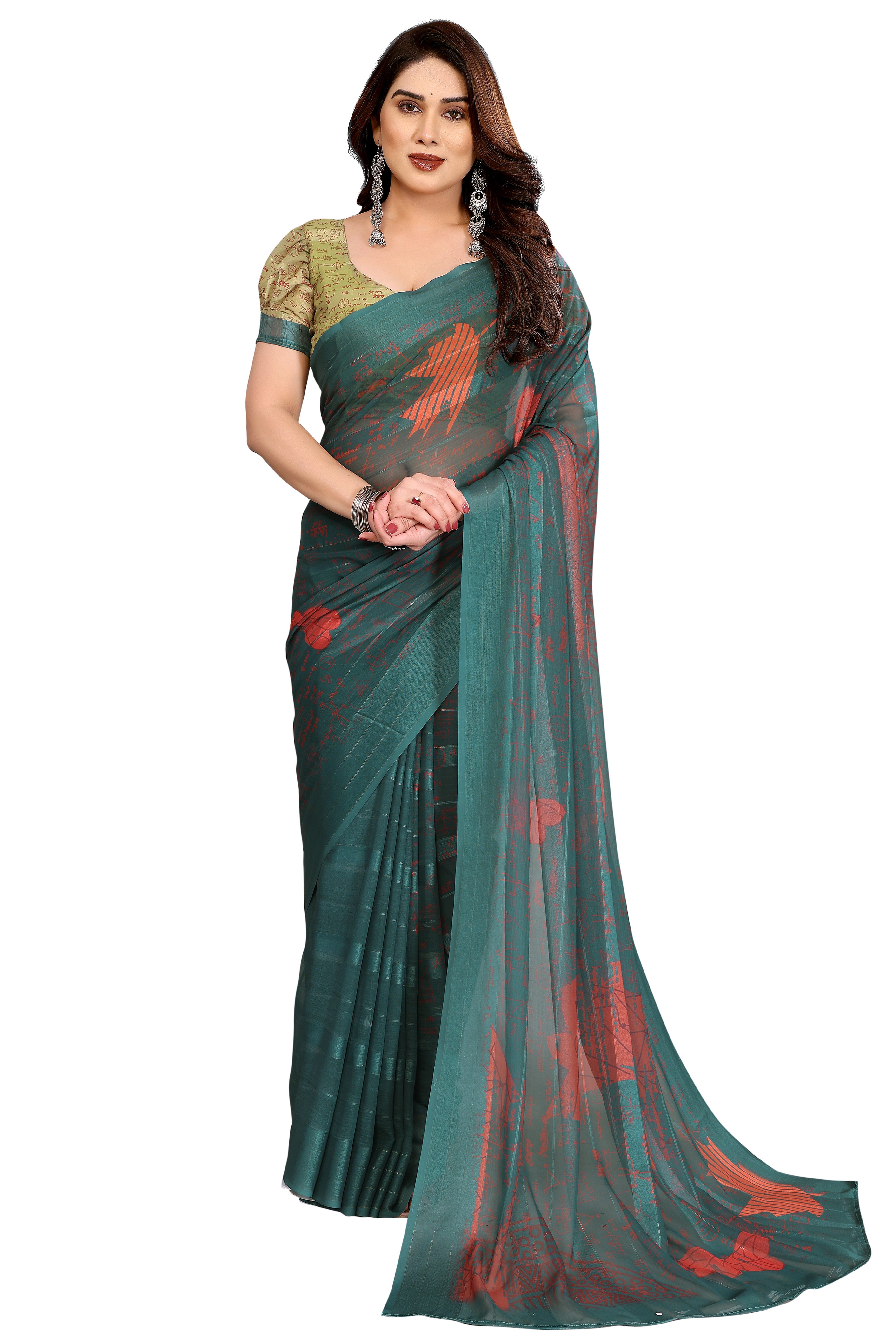 Luxury Green Digital Print Georgette Saree With Subtle Zari Highlights & Vibrant Striped