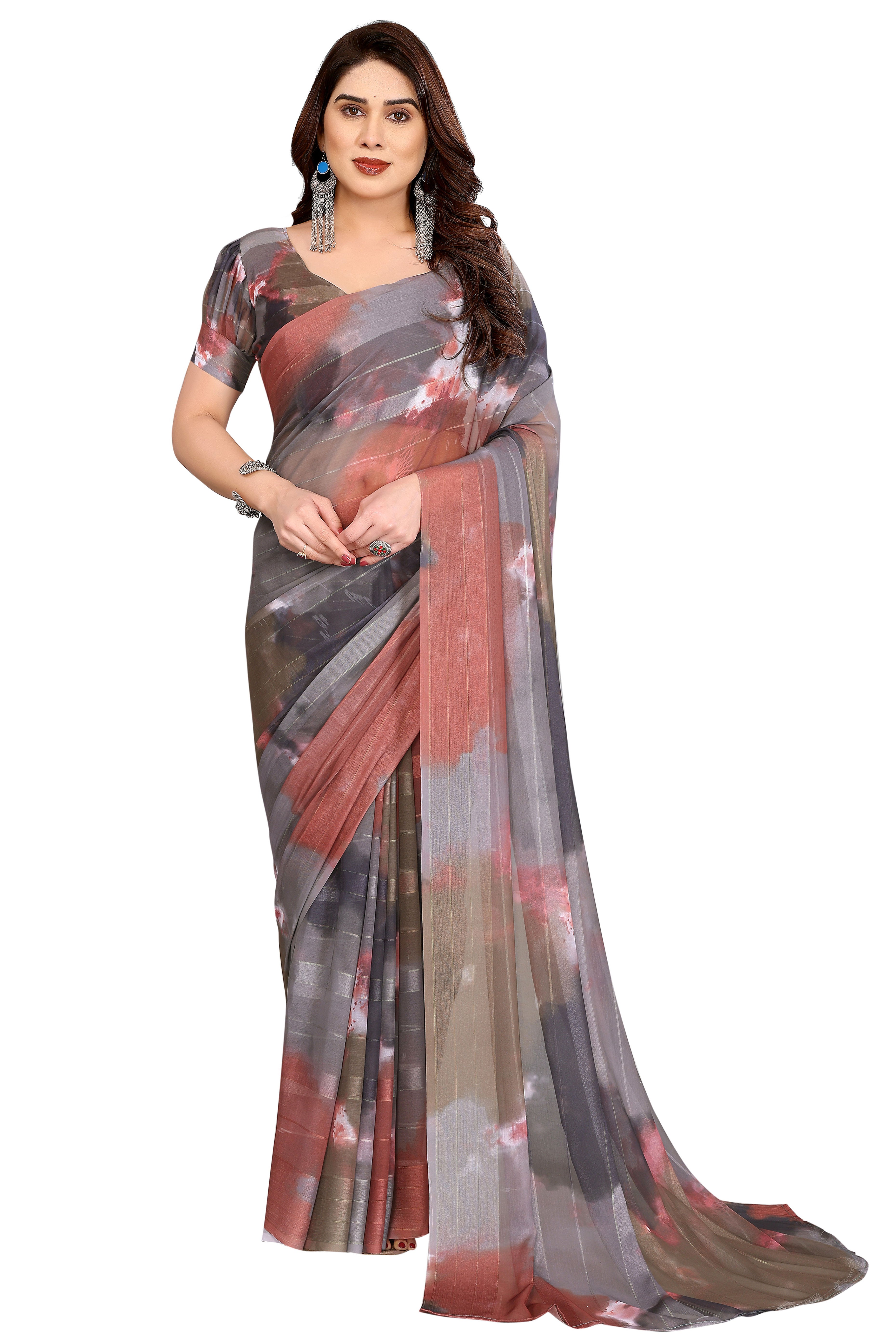 Luxury Multicolor Digital Print Georgette Saree With Subtle Zari Highlights & Vibrant Striped