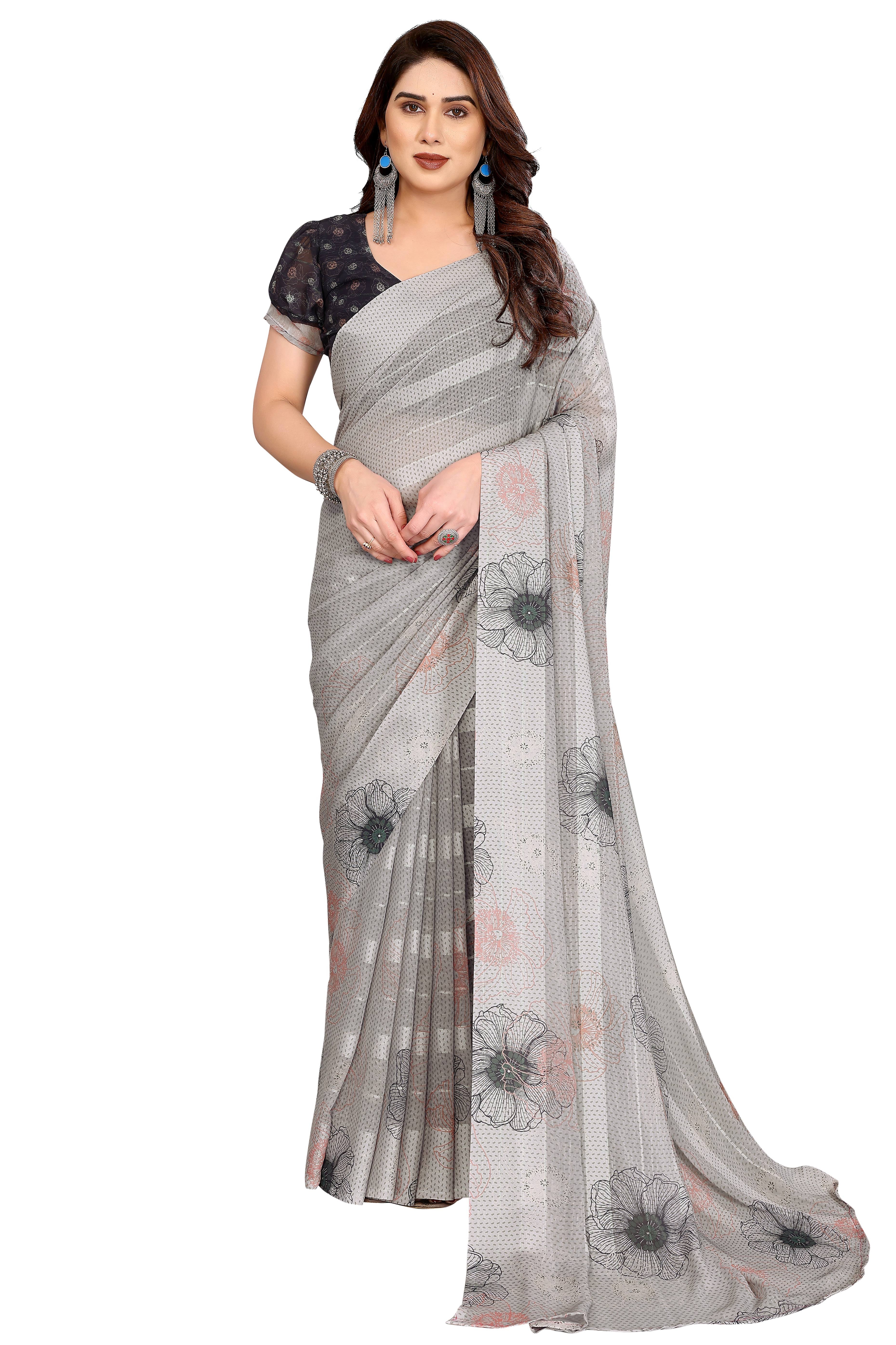 Luxury Grey Floral Digital Print Georgette Saree With Subtle Zari Highlights & Vibrant Striped
