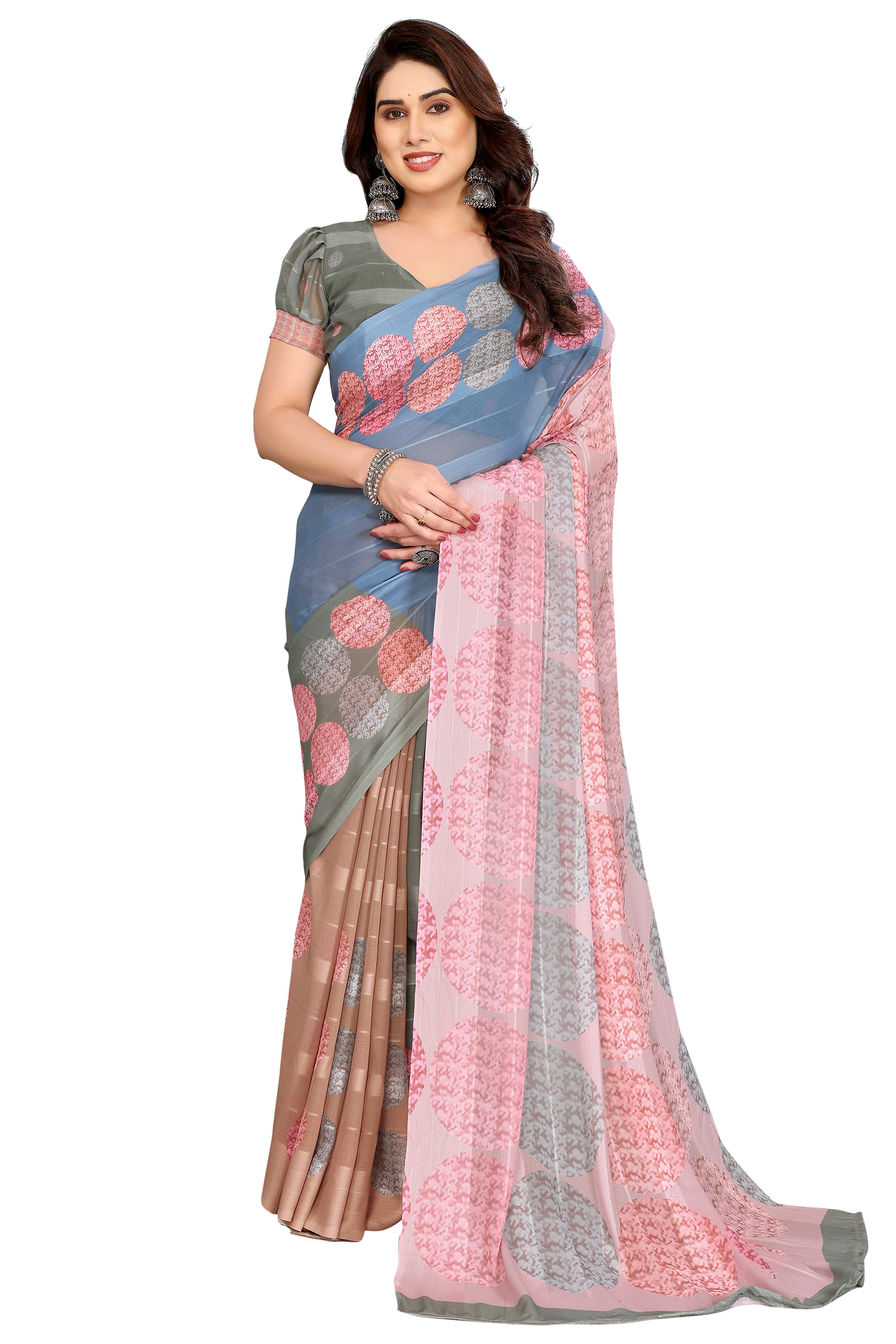 Luxury Multicolor Digital Print Georgette Saree With Subtle Zari Highlights & Vibrant Striped