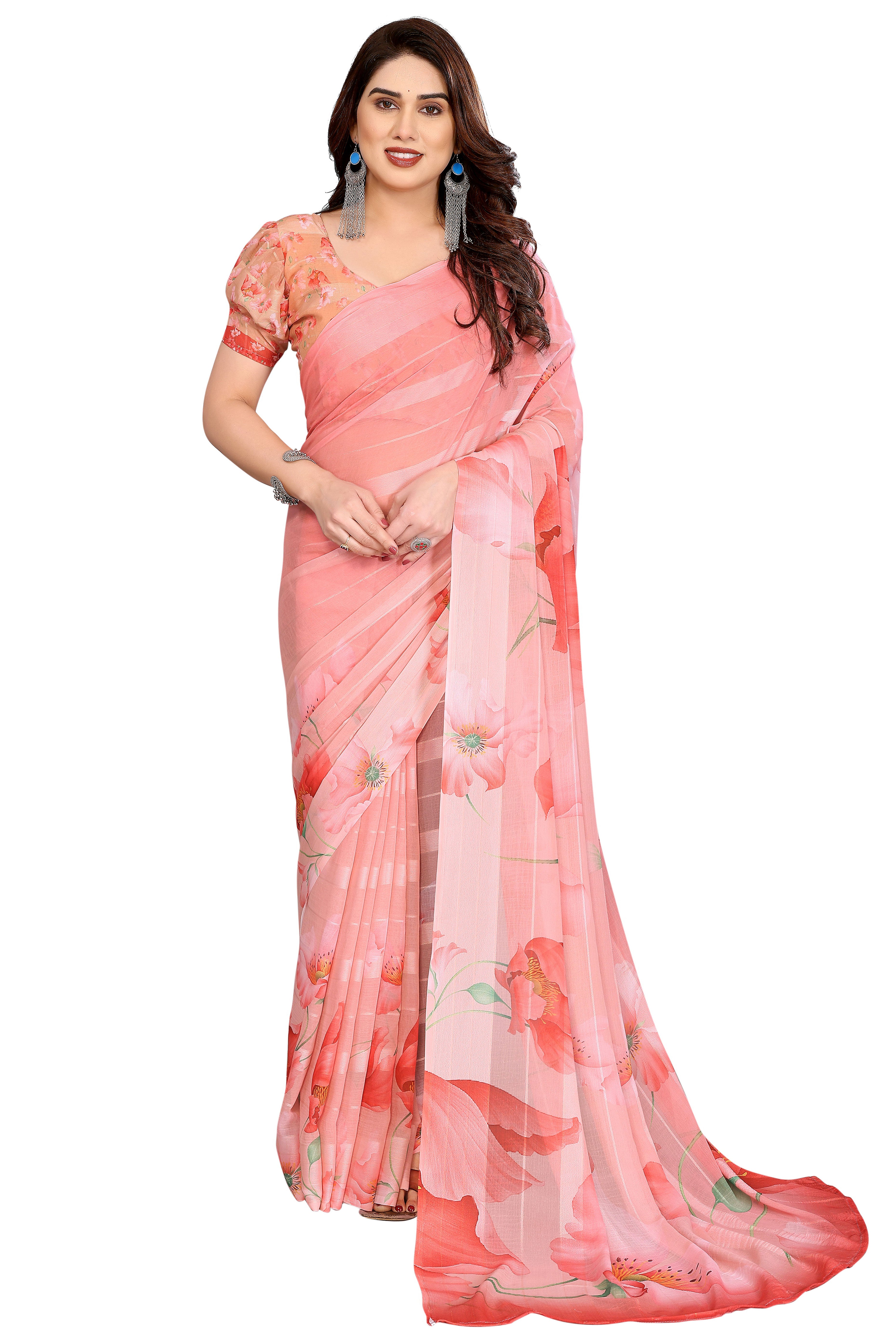 Luxury Peach Floral Digital Print Georgette Saree With Subtle Zari Highlights & Vibrant Striped