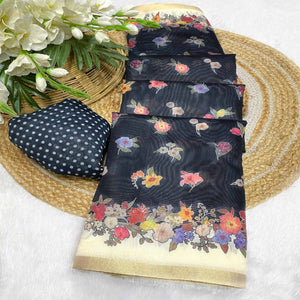 Black Floral Digital Print Chanderi Cotton Saree Enhanced With Charming Zari Weaving Border